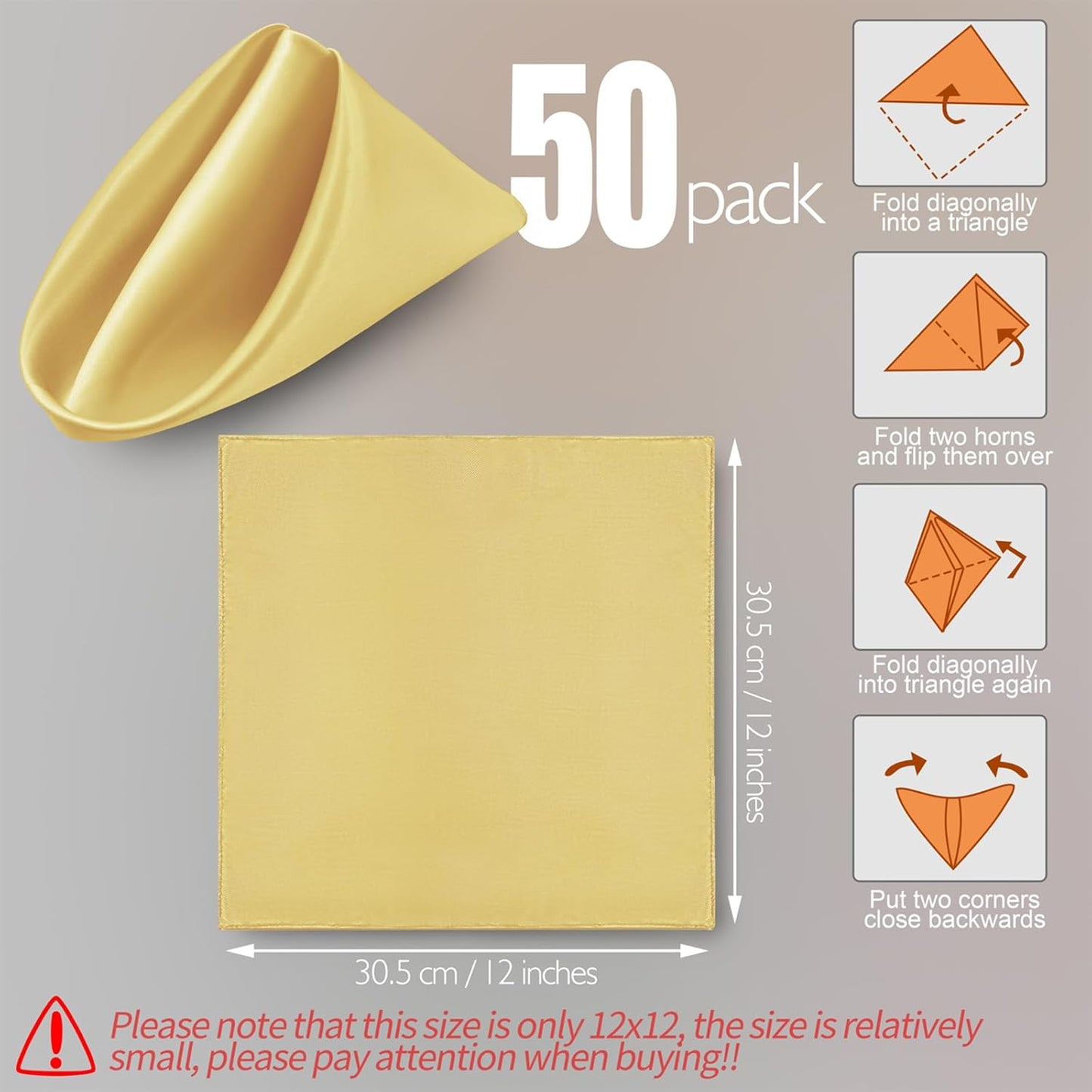 Manyshofu 50 Pieces Yellow Gold Satin Napkins - 12x12 Inches Cloth Napkins, Square Satin Fabric Napkin Set - Soft & Smooth Table Napkins for Wedding Dinner Party Lunch Banquet Restaurant Decoration