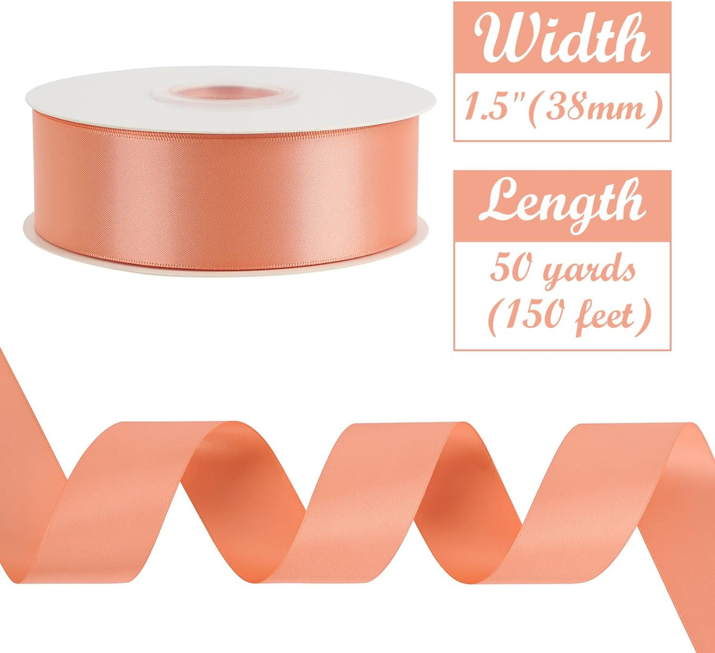 HUIHUANG Peach Satin Ribbon 1-1/2 inch x 50 Yards Peach Color Double-Faced Satin Ribbon for Gift Wrapping, Bows, Flower Bouquet, Eternal Roses, Crafts, Bridal Shower Wedding Decor