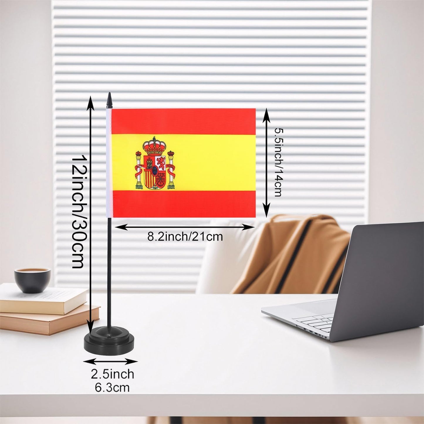 Spain Desk Flag 12" Solid Pole Deluxe Set Spanish Flags Banner Mini Small Spain Office Table Flags with Black Stand Base Desktop Decorations(2Pack)