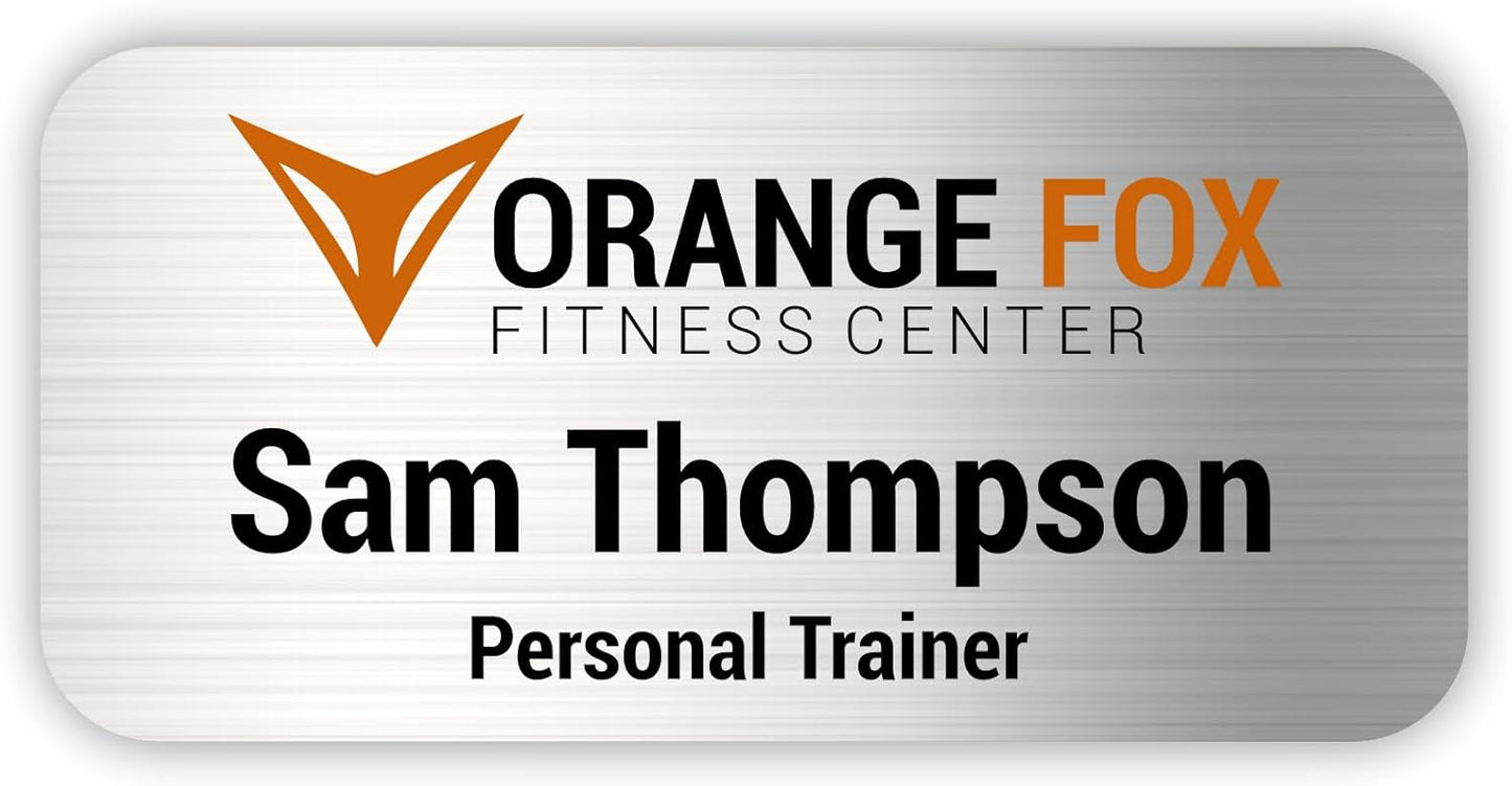 Custom Name Tag with Logo - Personalized Name Badge with Magnet Backing - Choose Your Size and Color (Silver Metal 3"x1.5" - Logo on Top)