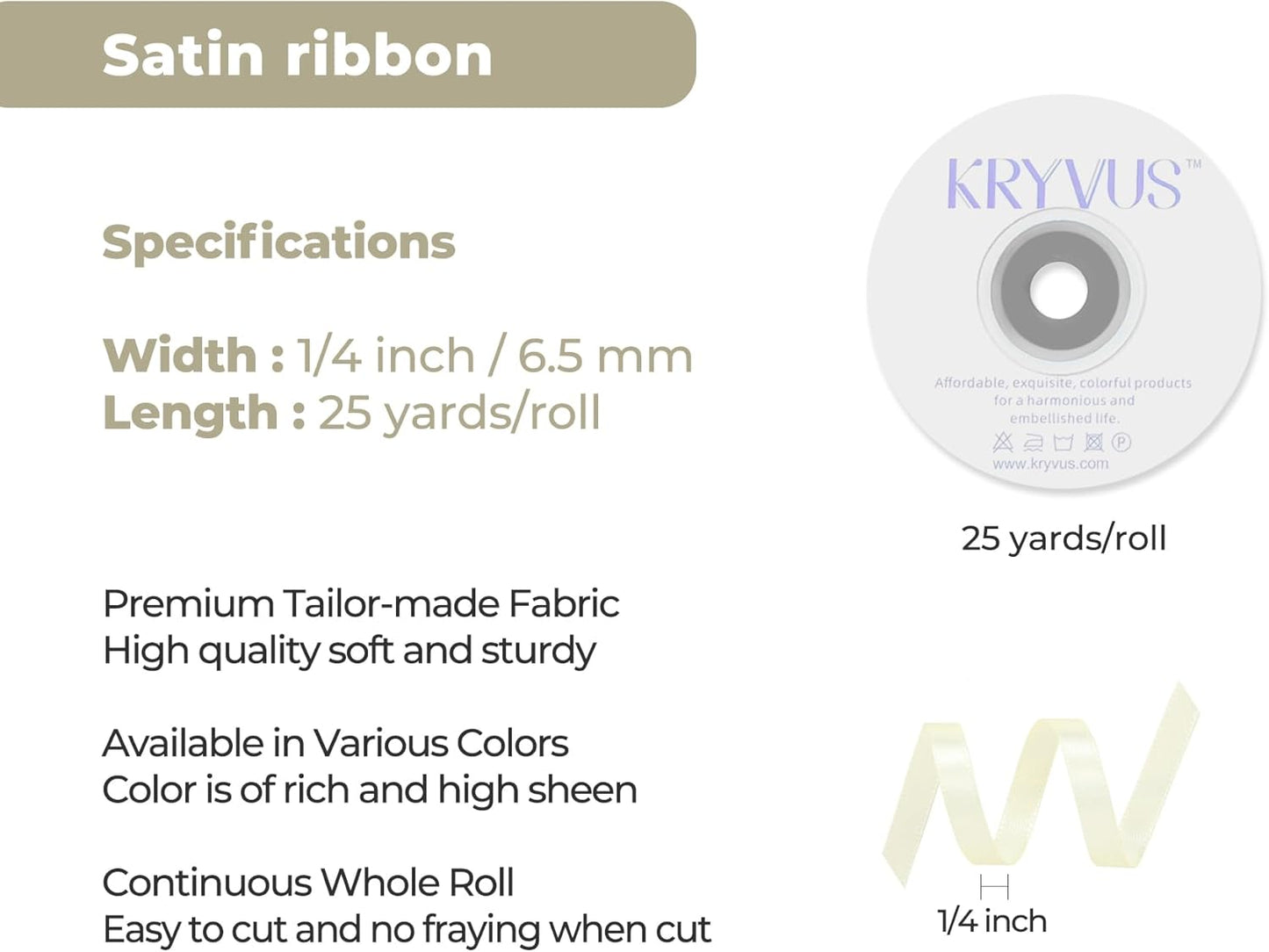Beige Satin Ribbon 1/4 inch X Continuous 25 Yards, Single Face Polyester Ribbon Perfect for Gift Wrapping, Flower Bouquet, Wedding Decor, Crafts, Bow Making, Sewing and More