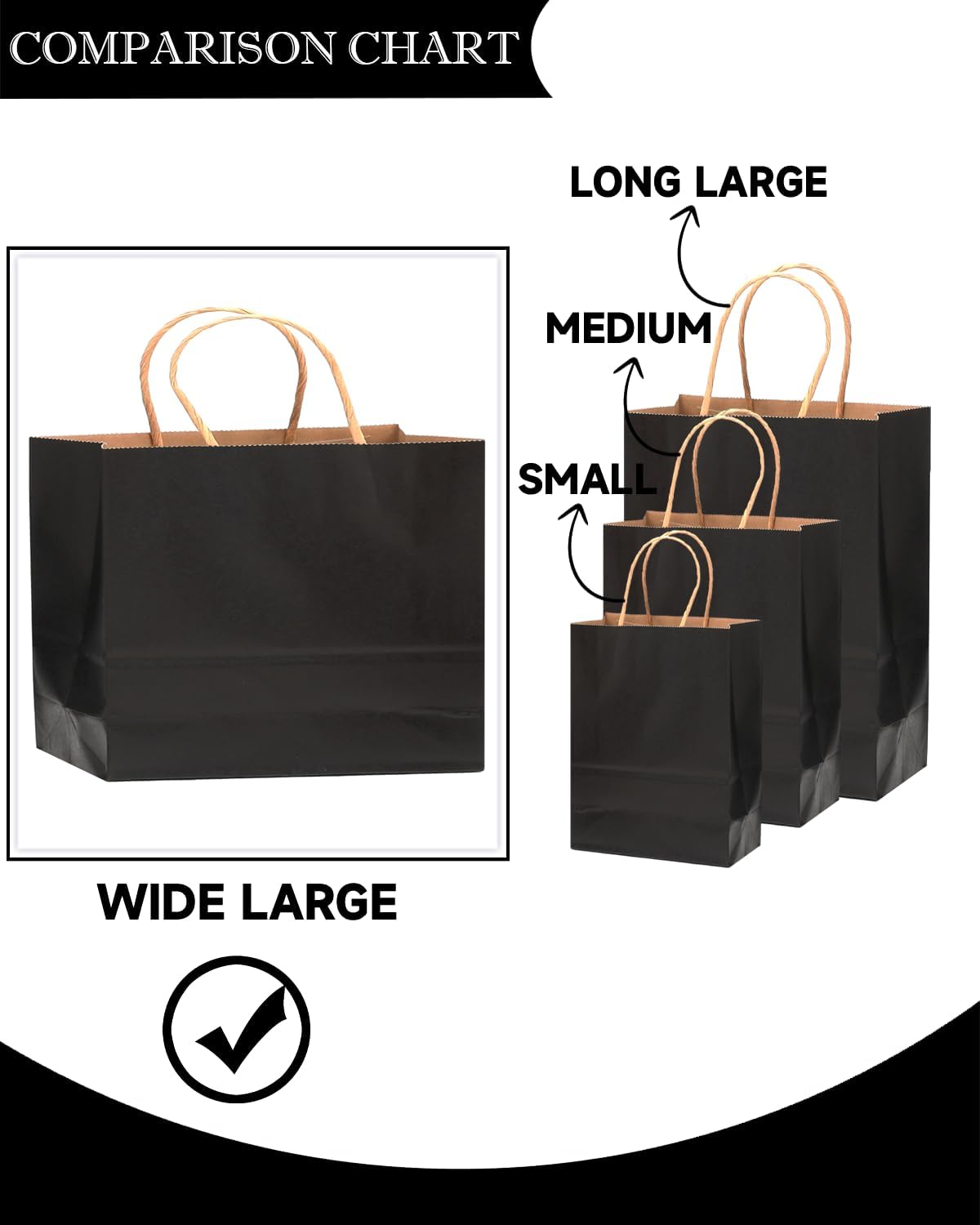 qiqee 50-Packs Black Paper Gift Bags with Handles Bulk 12.6"x4.3"x10" Wide Large Size Party Favor Bags Multiple Uses