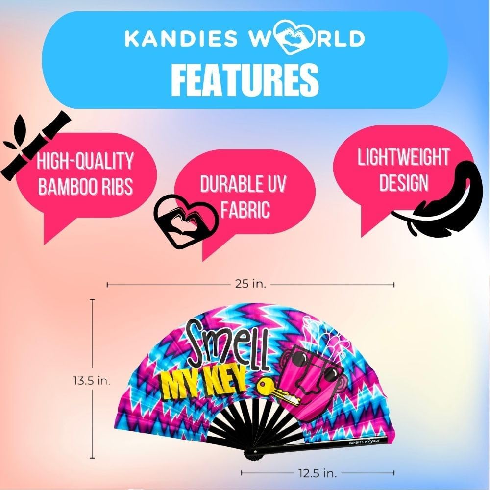 Kandies World Custom Festival Folding Hand Fan - Unique Designs, Made of Bamboo, Clacking Sound, Lightweight - Perfect Rave and Festival Accessory!