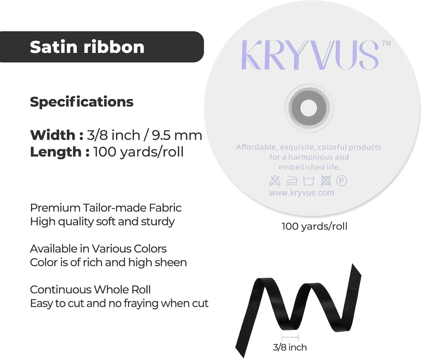 Black Satin Ribbon 3/8 inch X Continuous 100 Yards, Single Face Polyester Ribbon Perfect for Gift Wrapping, Flower Bouquet, Wedding Decor, Crafts, Bow Making, Sewing and More