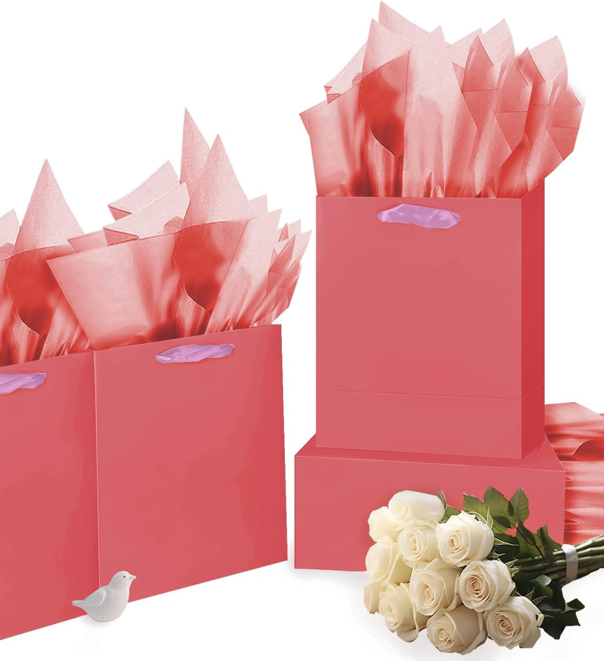 Gcardist Salmon Gift Bags with Tissue Paper for Wedding, Birthday, Party Supplies-7.9"x4.3"x9.6" Medium Size Cardboard Gift Bag（5pcs Bags +10pcs Tissue Paper ）