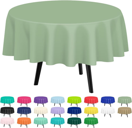 QIKSION Sage Green Round Tablecloth 12 Pack, 84 Inch Plastic Table Cover Disposable for Parties