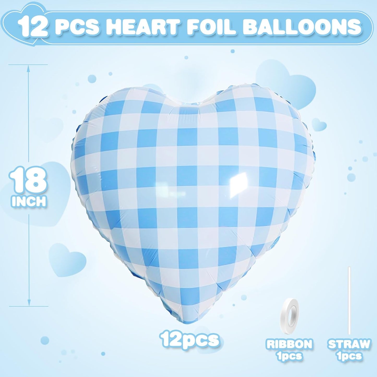 Blue White Checkered Heart Balloons,12Pcs 18Inch Light Blue Grid Heart Shaped Foil Helium Polyester Film Balloons for One Silly Goose Birthday Baby Shower Party Decorations