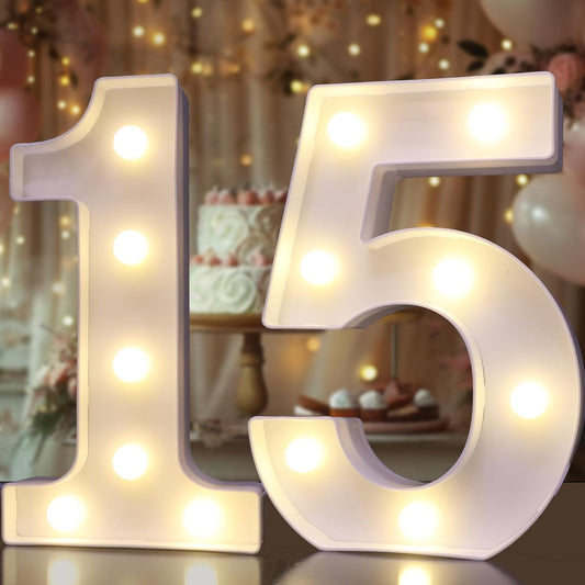 Pooqla Decorative LED Light Up Number Letters, White Plastic Marquee Lights Sign for Birthday Party Wedding Decor, Battery Operated (15)