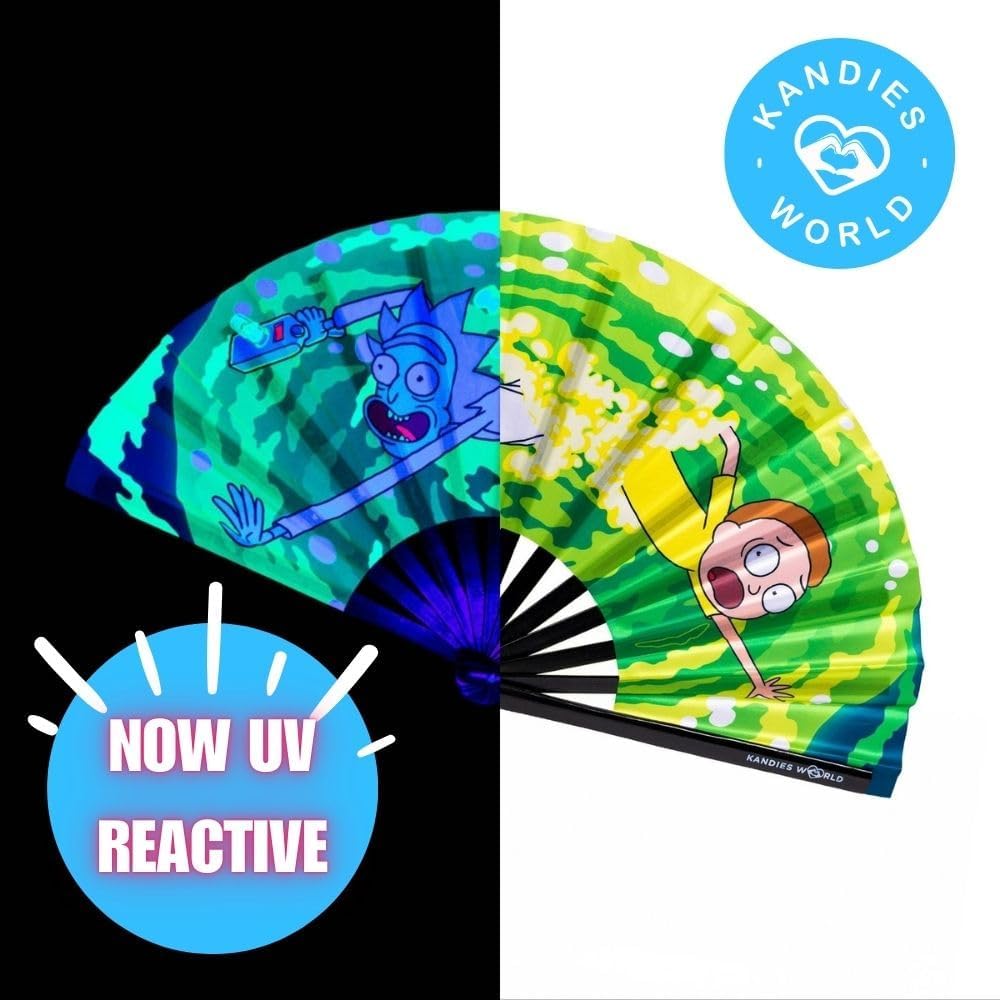 Kandies World UV Reactive Custom Festival Folding Hand Fan - Unique Designs, Made of Bamboo, Clacking Sound, Lightweight - Perfect Rave and Festival Accessory!