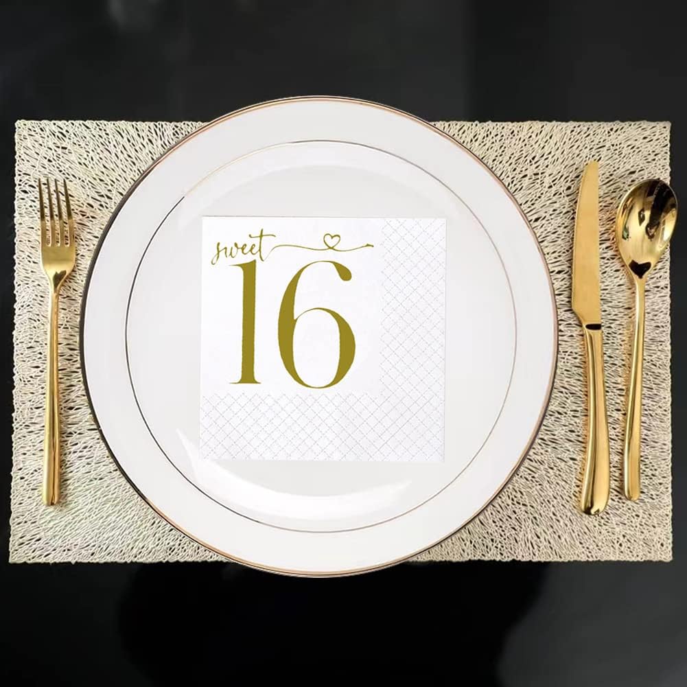 SharkBliss Sweet 16 Happy Birthday Cocktail Napkins, 100 Pack Gold Sweet 16 Happy Birthday Paper Cocktail Beverage Napkins in Bulk for His Her Sixteen 16th Birthday | 2-Ply, 5x5" (Sweet 16 Napkins)