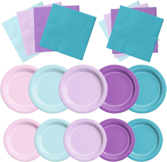 CMUSKO Mermaid Birthday Decorations - 60Pcs Plates and Napkins Pink Blue Purple Theme Party Supplies for Girl Birthday, Baby Shower, Wedding