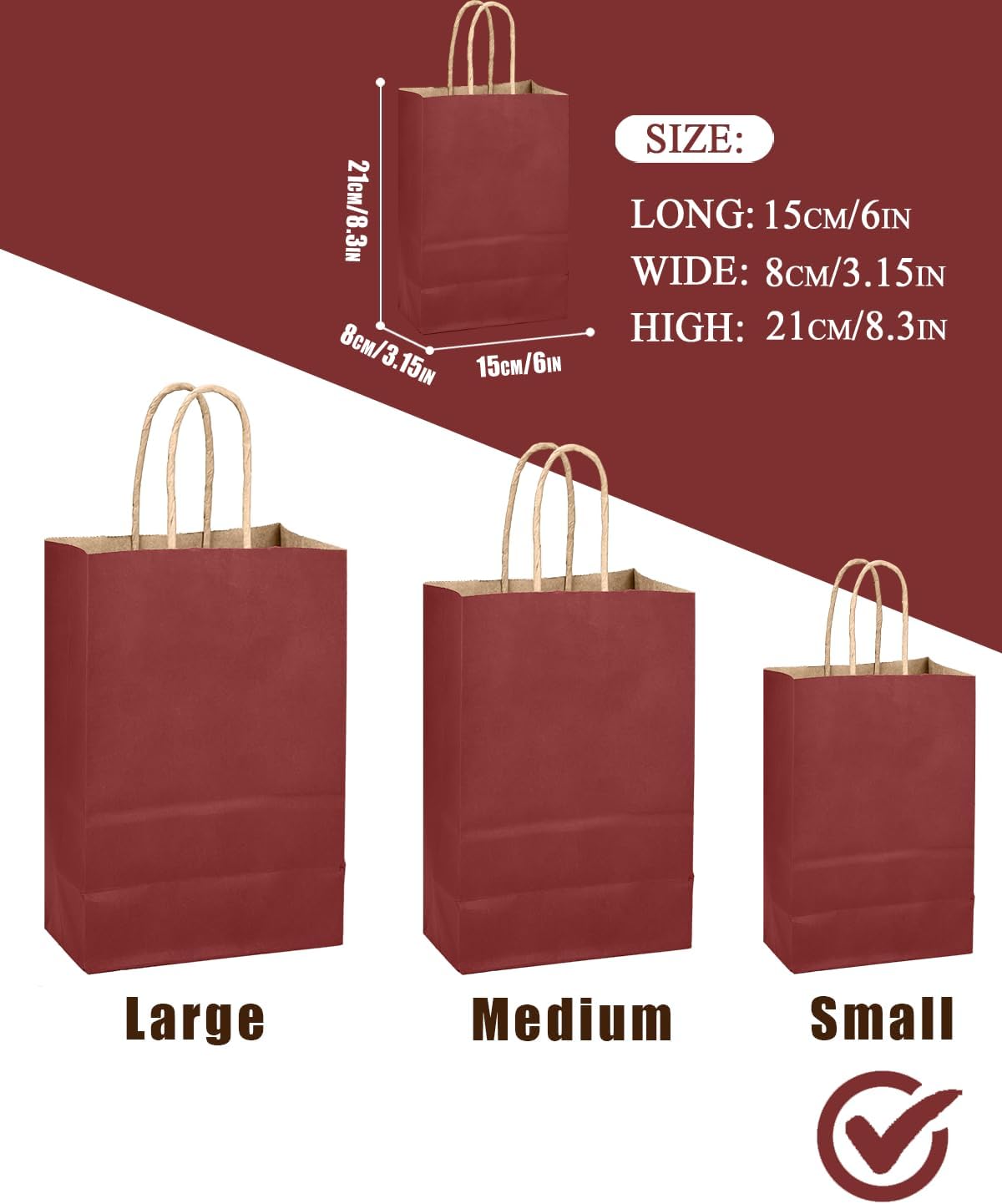 qiqee Brown Red Gift Bag with Handles Bulk 24Pcs Paper Bags -8.3"x6"x3. 15" Party Favor Bags - Solid Color