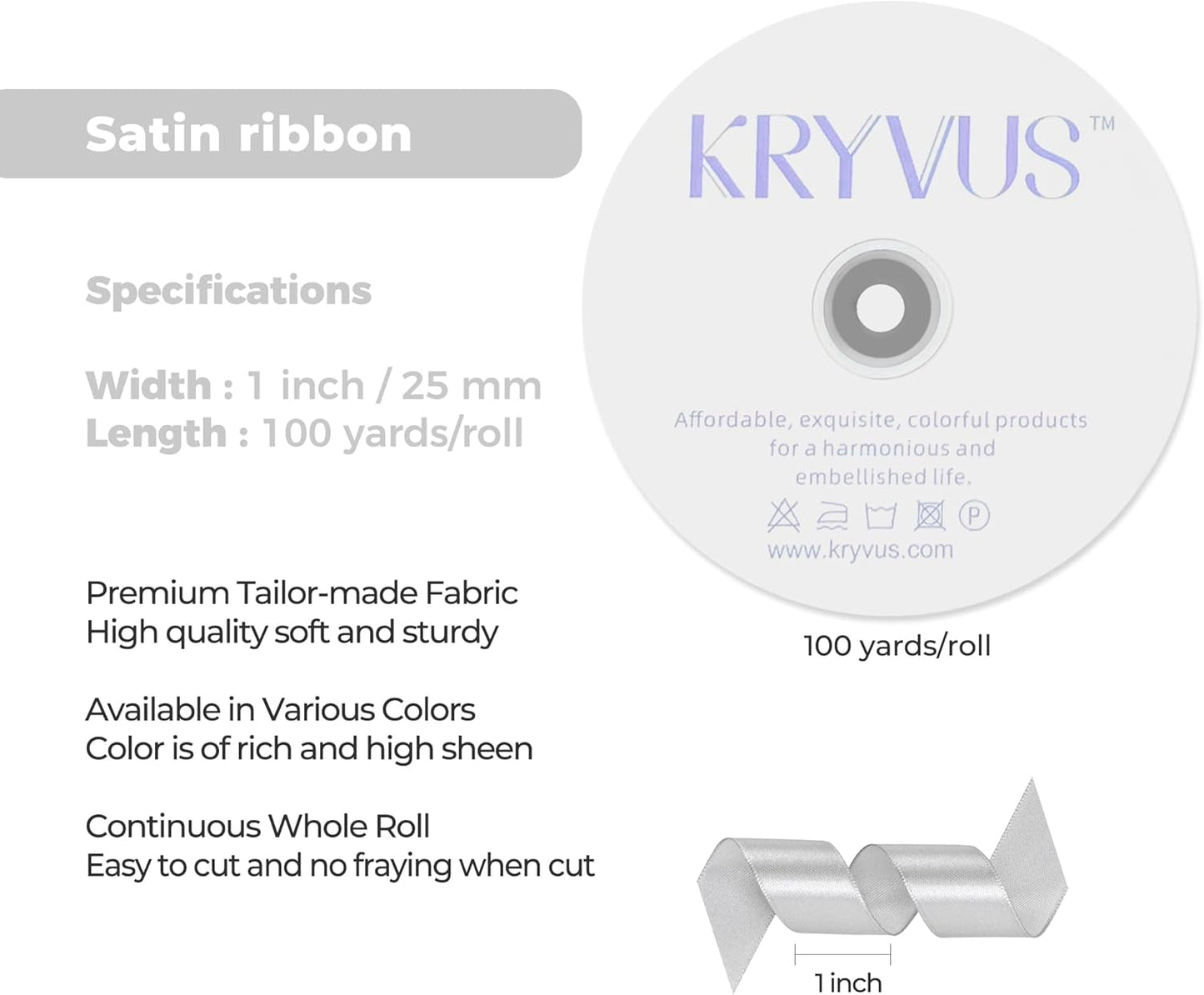 Silver Satin Ribbon 1 inch X Continuous 100 Yards, Single Face Polyester Ribbon Perfect for Gift Wrapping, Flower Bouquet, Wedding Decor, Crafts, Bow Making, Sewing and More