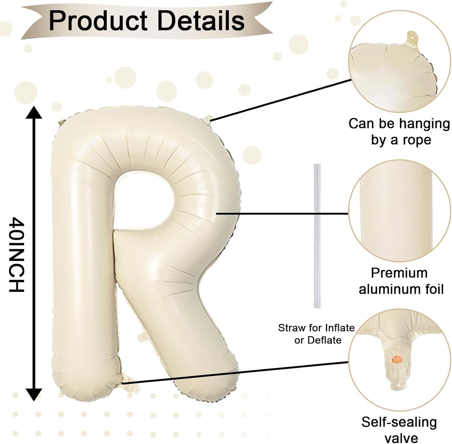 40 Inch Letter Balloons R, Big Custom A-Z Alphabet Foil Name Balloon Cream White, Self Inflating Beige Customize Helium Balloon Letters R for Women Girls Birthday Bride Baby Shower Party Decorations