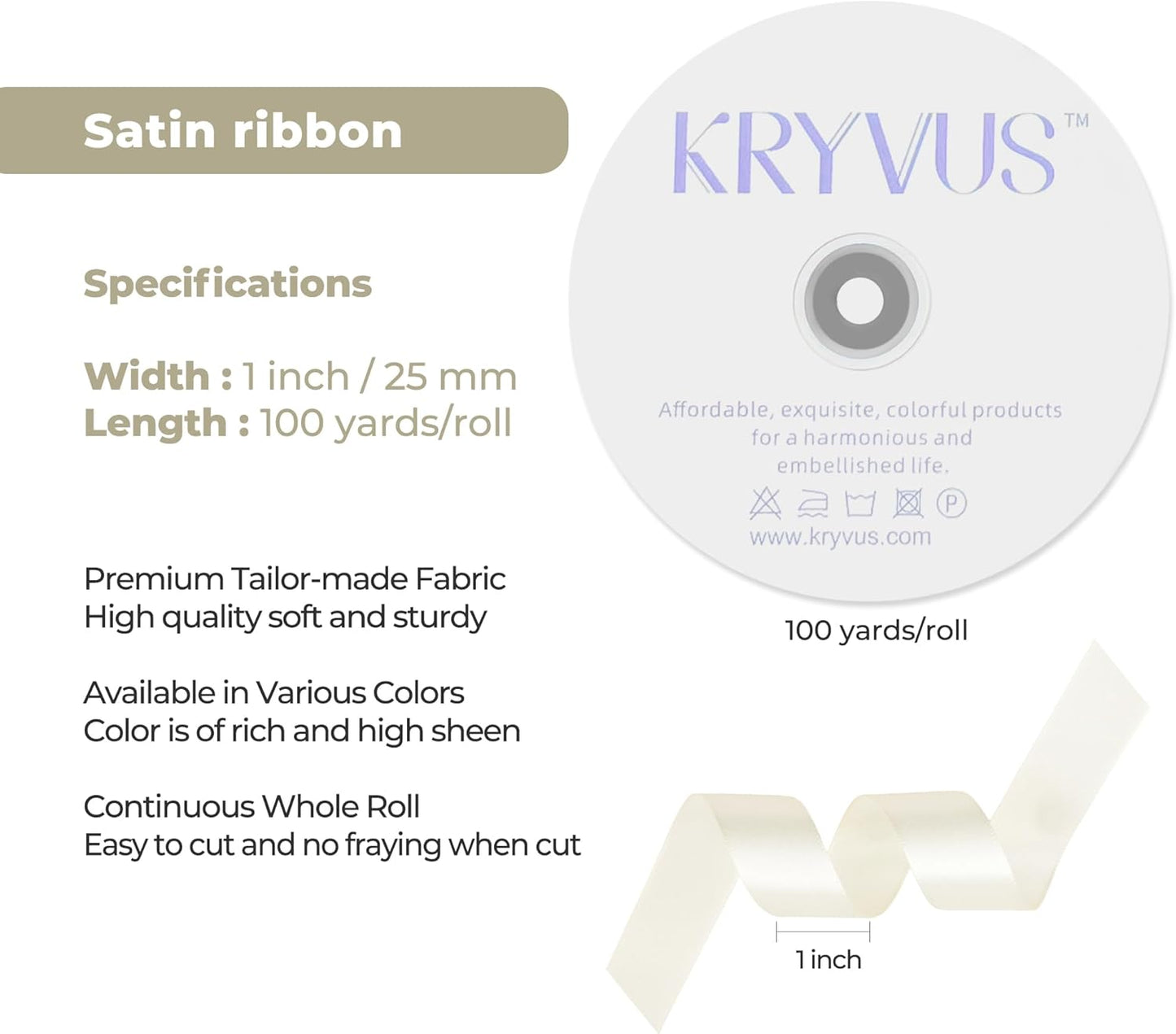 Beige Satin Ribbon 1 inch X Continuous 100 Yards, Single Face Polyester Ribbon Perfect for Gift Wrapping, Flower Bouquet, Wedding Decor, Crafts, Bow Making, Sewing and More