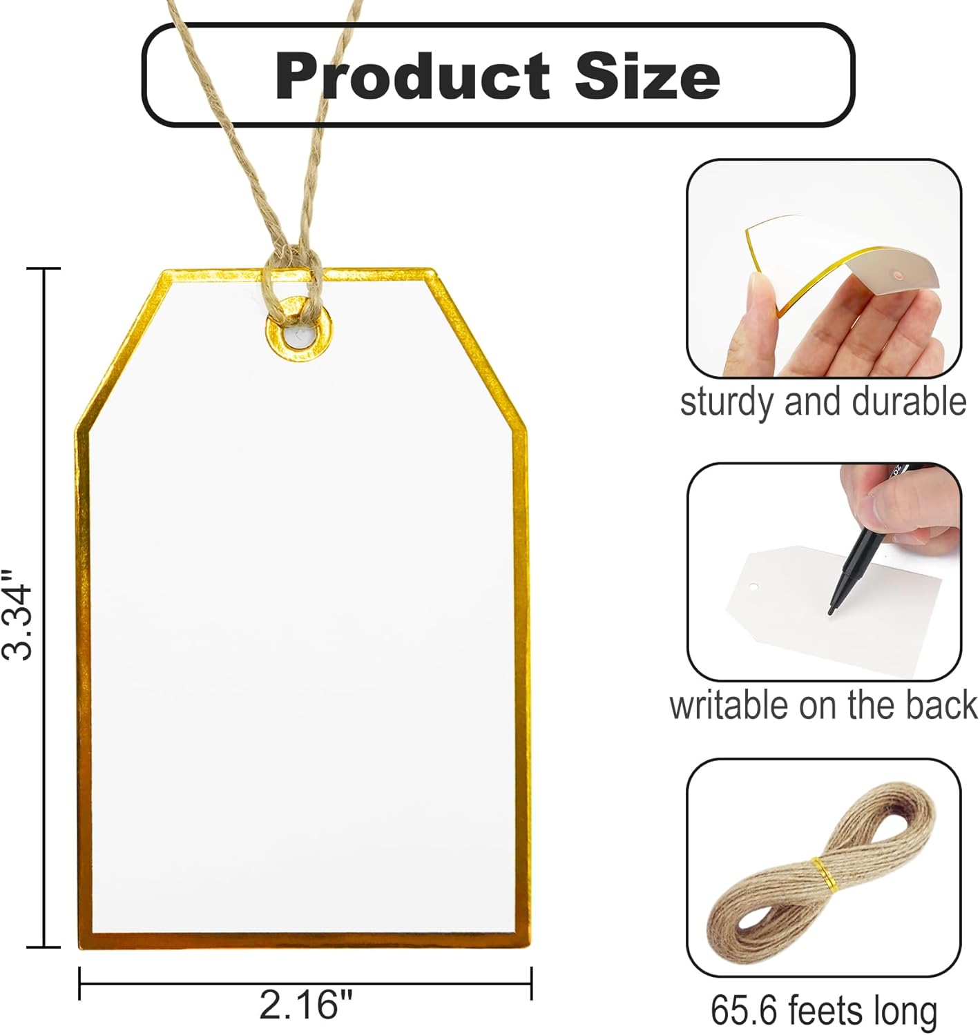 100Pcs Gold Gift Tags with String Attached Foil Gold Frame Large White Paper Gift Tags Presents with 65 Ft Jute Twine for Christmas Holiday Baby Shower Wedding Birthday Gift Wrap Tags