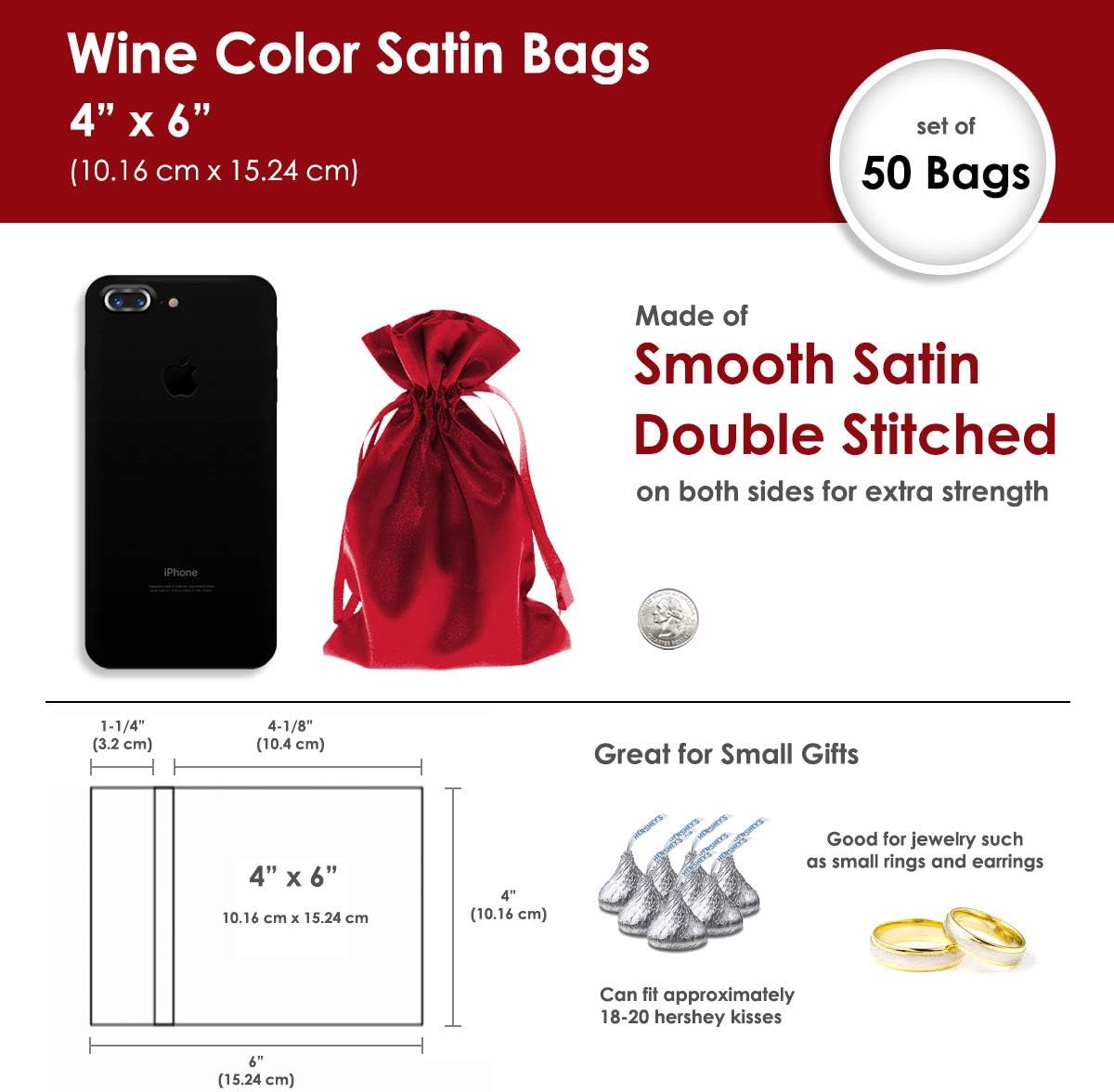 4" x 6" Satin Gift Bags - Wedding, Baby Shower, Christmas - 50 per Pack