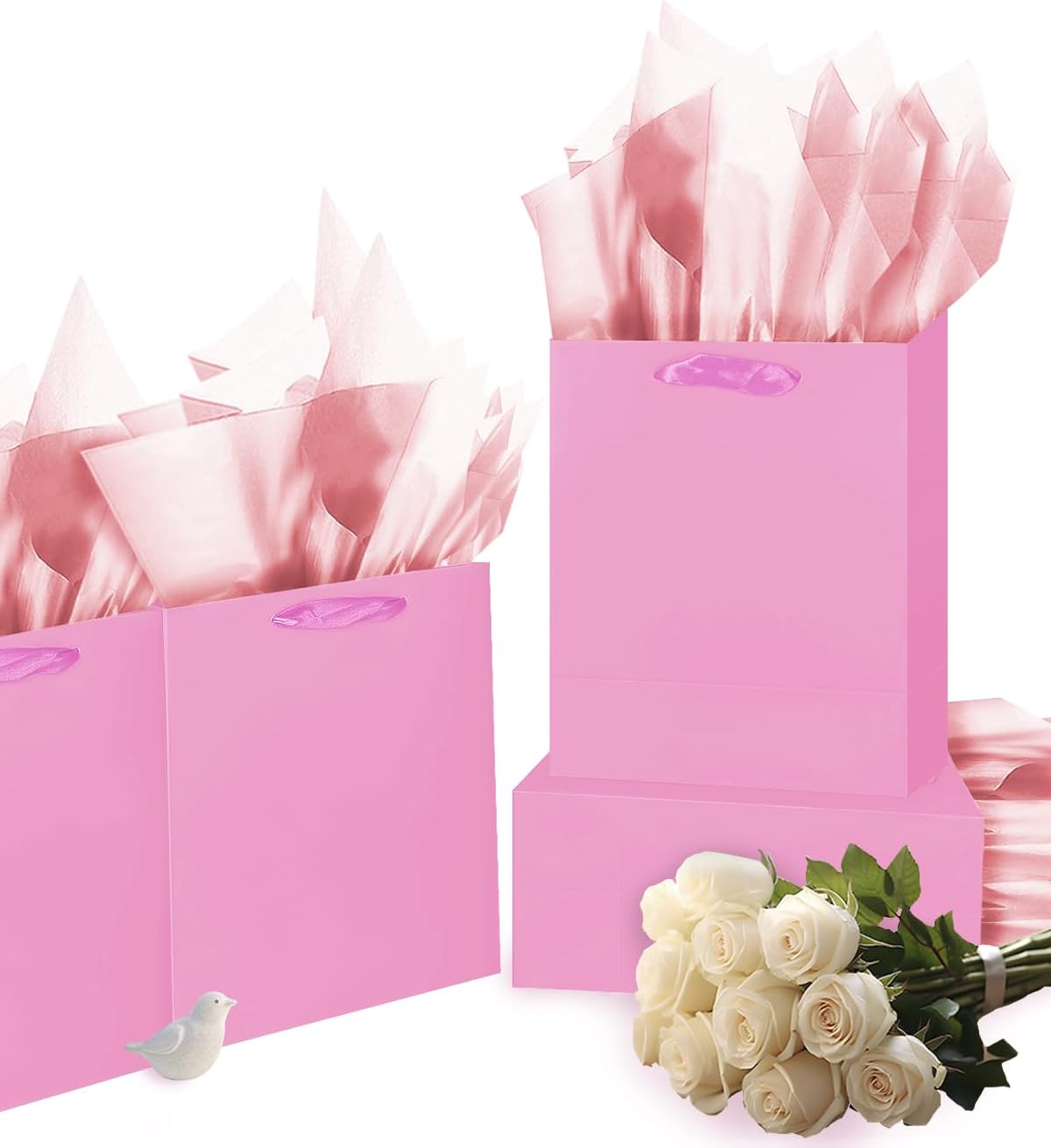 Gcardist Pink Gift Bags with Tissue Paper for Wedding, Birthday, Party Supplies-7.9"x4.3"x9.6" Medium Size Cardboard Gift Bags（16pcs Bags +32pcs Tissue Paper ）