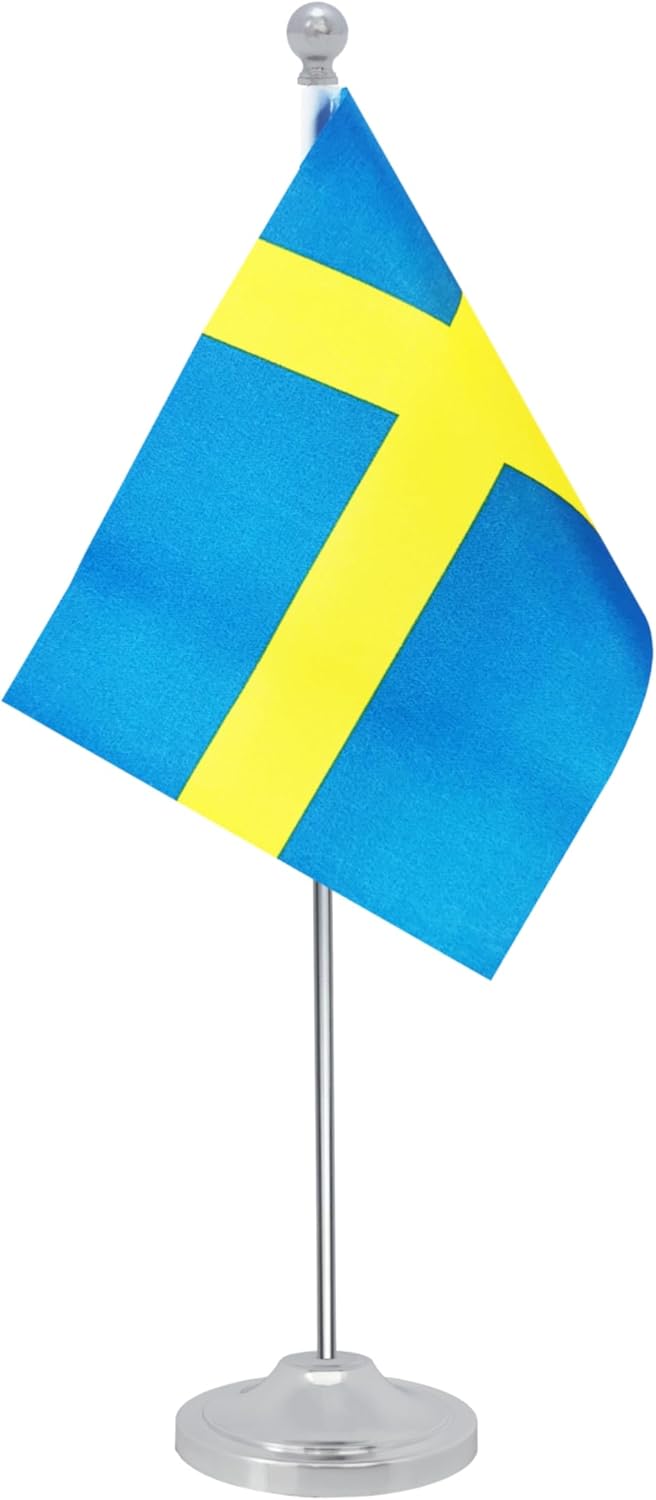 Sweden Desk Flag, Swedish Table Office Flag with Metal Pole and Stand Base, International Country Flags, Festival Event Celebration, Classroom Meeting Desktop Decor (Sweden)