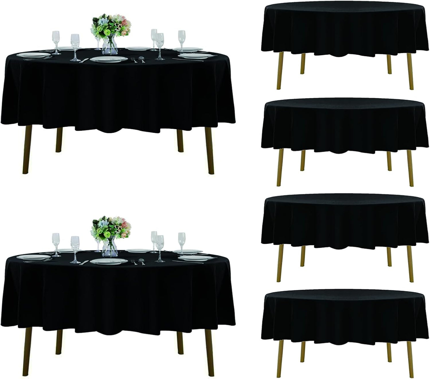 Fokitut 6 Pack Round Tablecloth, 70 Inch, Stain Resistant and Wrinkle Polyester Table Cloth, Fabric Table Cover for Kitchen Dining, Wedding, Party, Holiday Dinner-Black