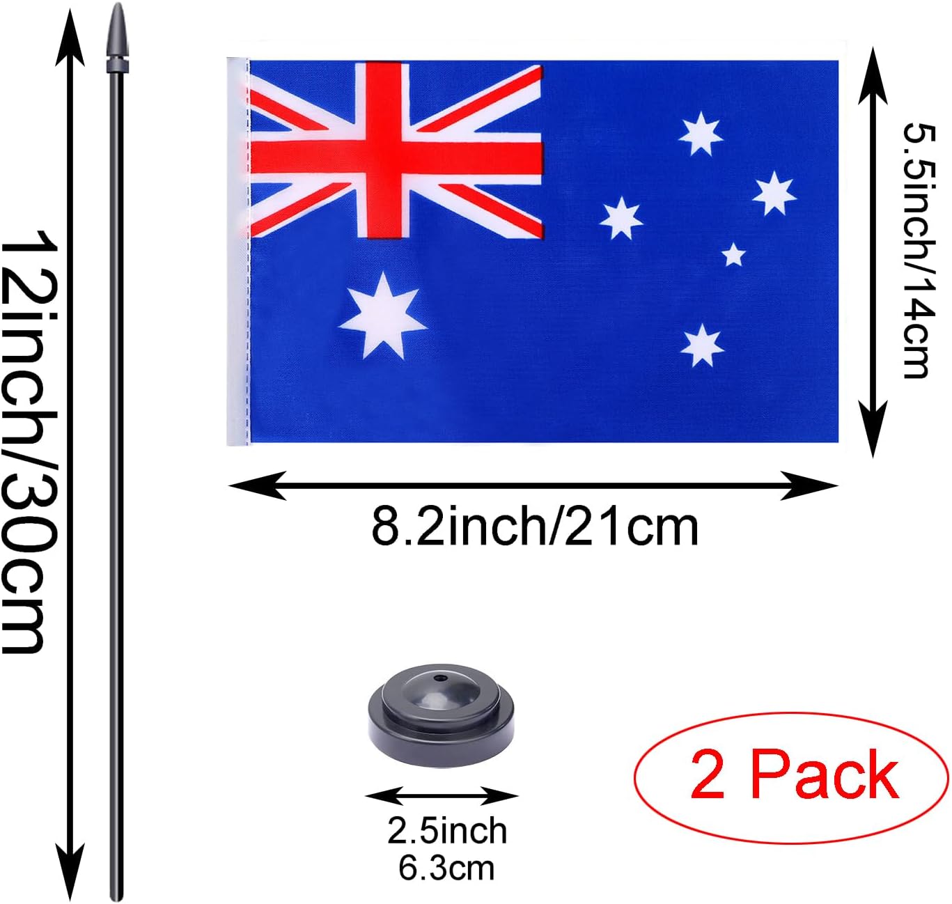 WXTWK 2 Pack Australia Flag Australia Deluxe Desk Flag Set - Mini Small Australian Table Office Flags with Black 12" Solid Pole Stand Base Classroom Meeting Desktop Decorations
