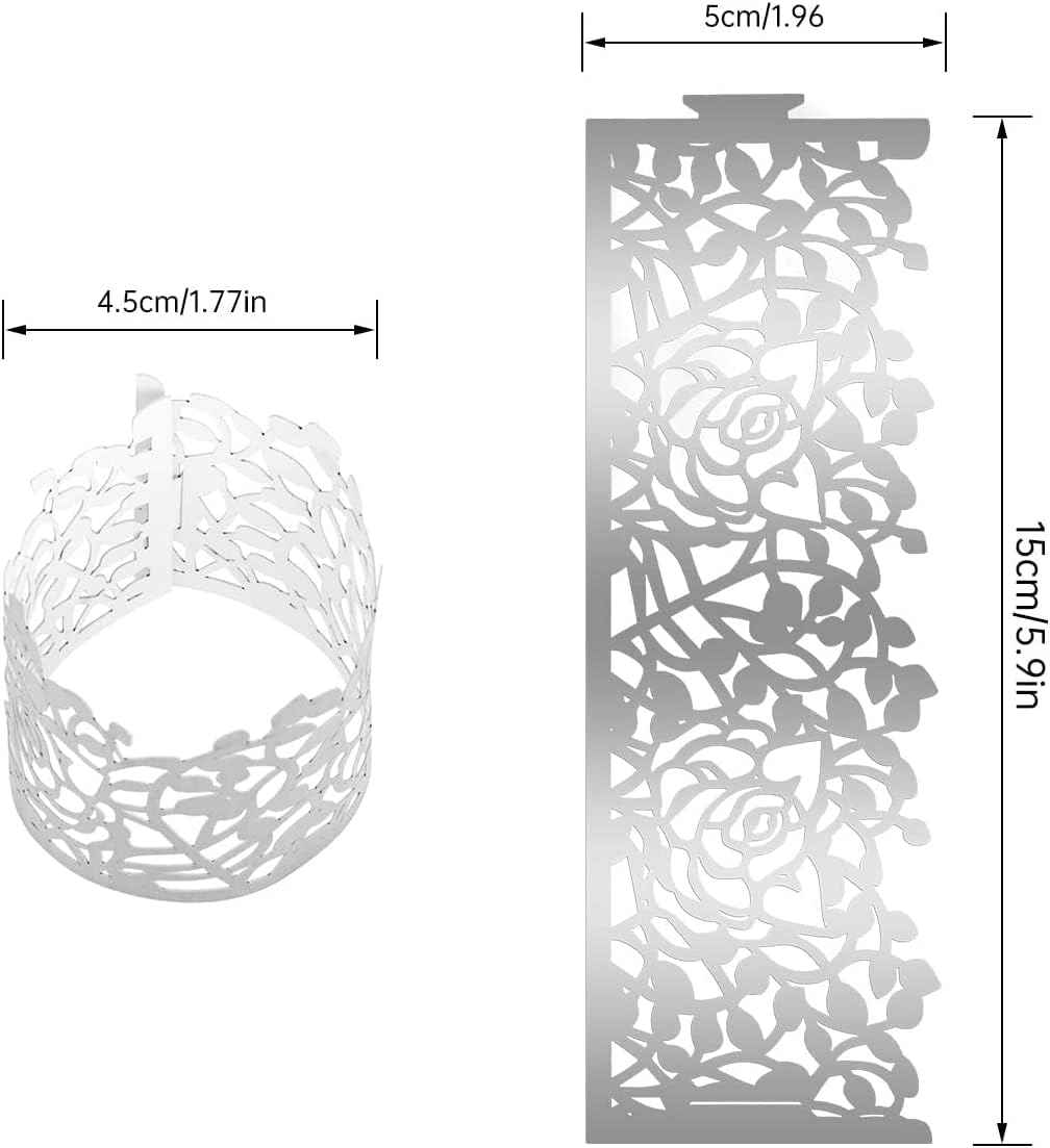 100pcs Disposable Rose Flower Paper Napkin Rings Laser Cut Foil Paper Napkin Holder, Leaf Vine Serviette Rings for Table Decoration,Christmas,Wedding,Party (Silver) (Pack of 2)