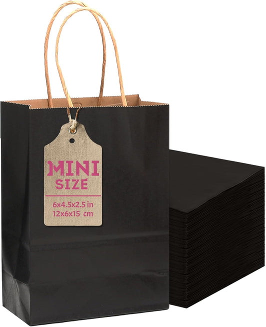 qiqee 50-Packs Black Paper Gift Bags with Handles Bulk 4.5"x2.5"x6" Mini Size Party Favor Bags Multiple Uses