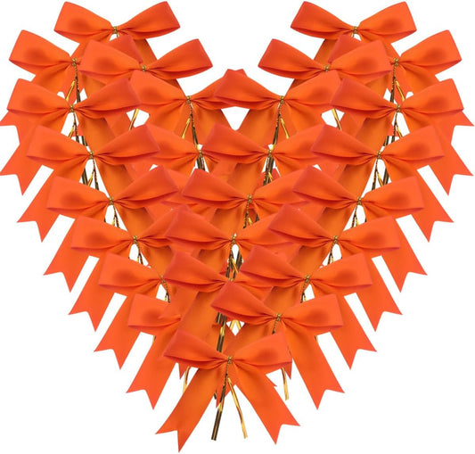 50pcs 3-1/2" Orange Twist Ties Satin Bows in Pumpkin Color Twist Tie Bows for Thanks Giving Halloween Wrapping Fish Tail Cutting(Orange)