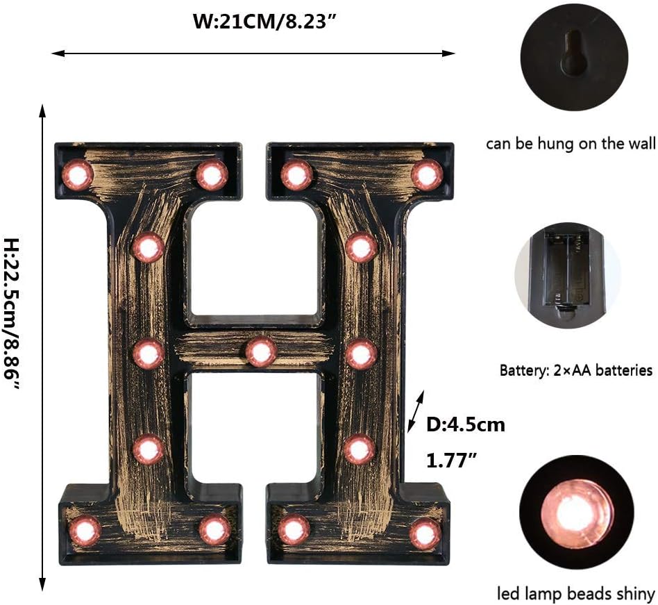 OYCBUZO Golden Black Led Marquee Letter - Industrial, Vintage Style Light Up Alphabet Letter Sign for Cafe Wedding Birthday Party Christmas Lamp Home Bar Initials Decor - H