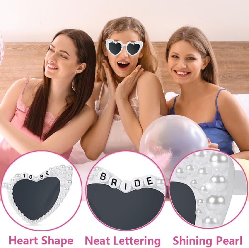 3PCS Bride To Be Veil White Print Bridal Veils Bride Sash and Pearl Sunglasses for Bachelorette Party