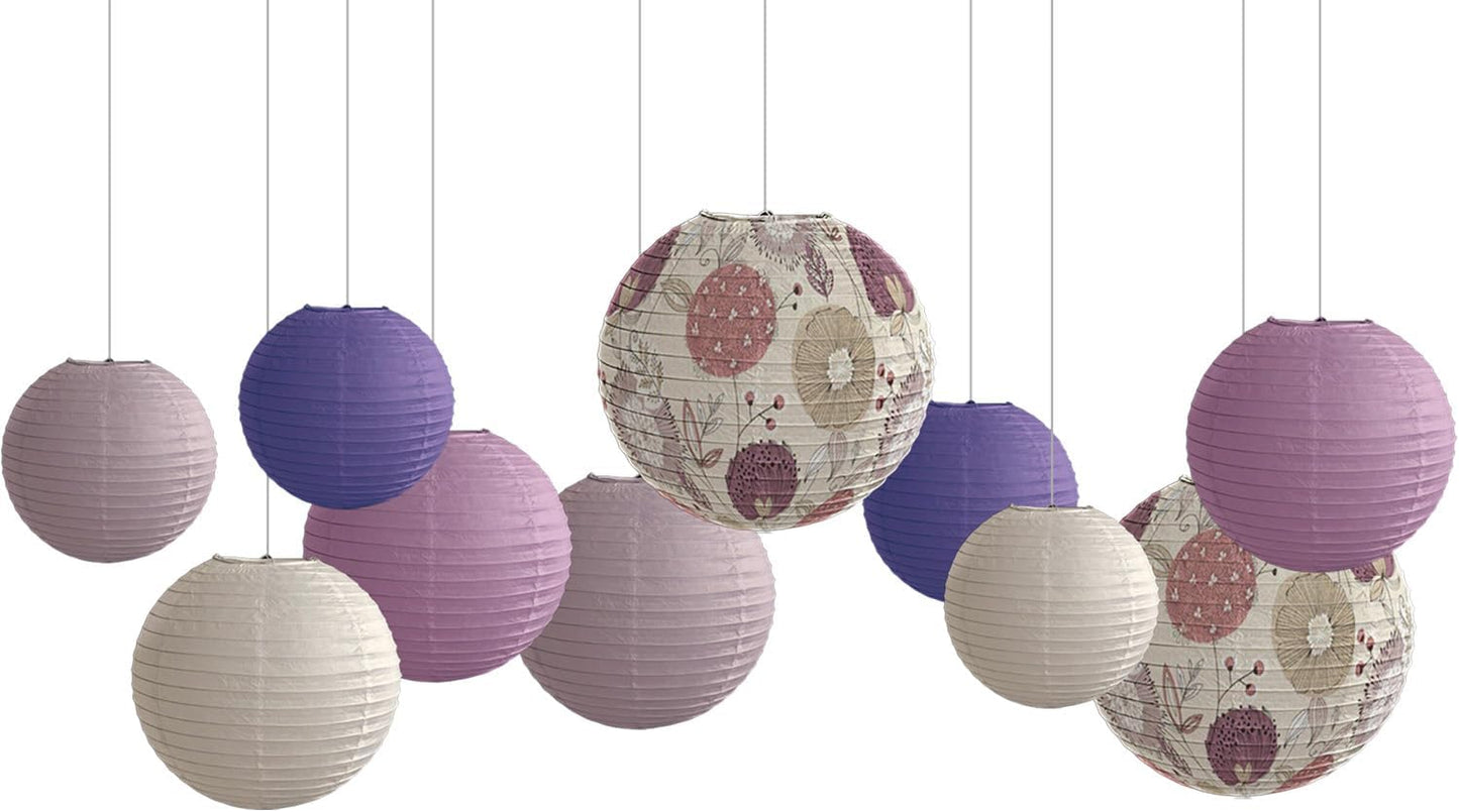 Paper Lanterns Party Decorations Size of 12’10’8inch Floral Pattern Purple Pink Japanese Chinese Lantern Hanging Paper Lantern Bohemian Style Baby Shower Birthday Decorations