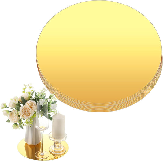 Thyle 6 Pcs 10 Inch Acrylic Round Mirrors for Tables Centerpieces Circle Mirrors Candle Plates for Wall Wedding Table Centerpieces for Baby Shower Party, Thickness 1 mm (Gold)