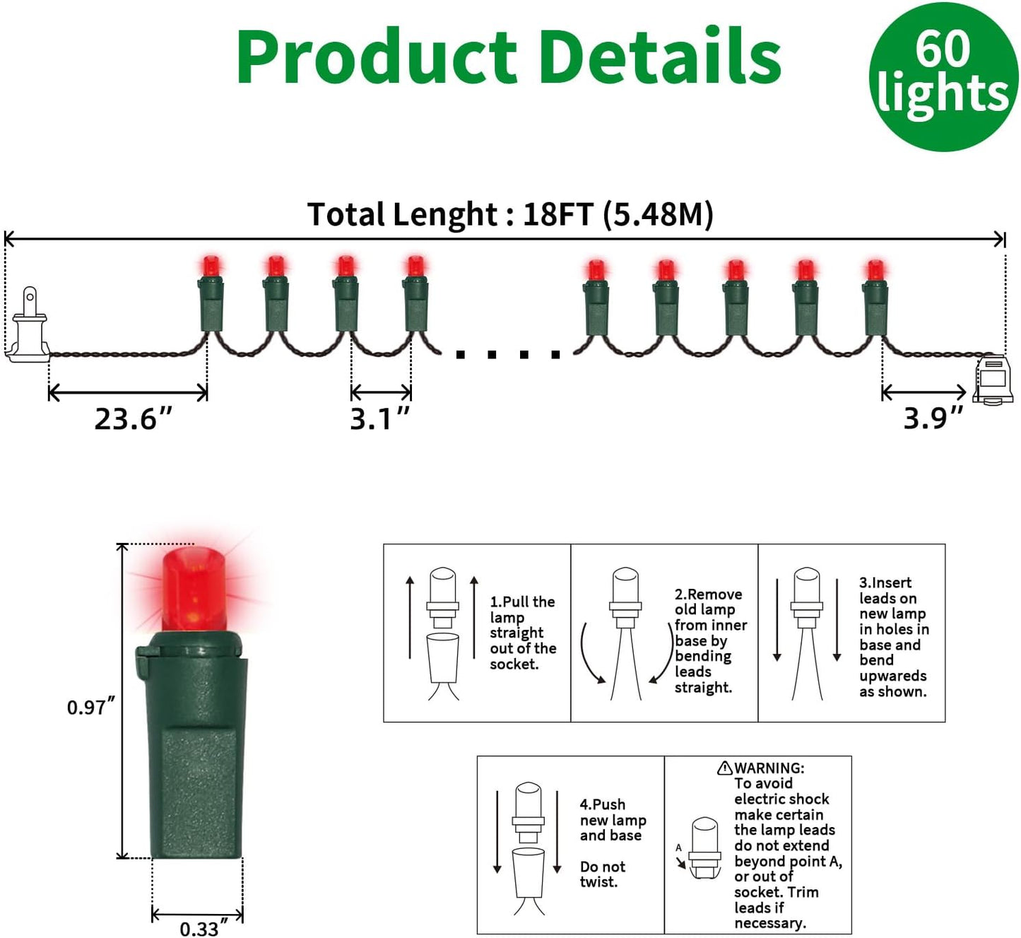 60 Count Red -String Lights - LED Christmas Lights, Mini led Lights for Indoor Outdoor Home Holiday Party Wedding Independence Day Decoration