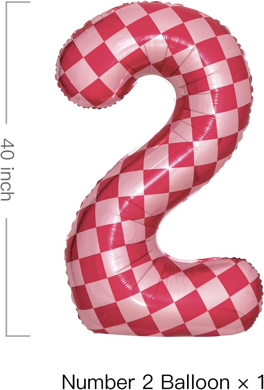 40 Inch Pink Checkered 2 Balloon Large Hot Pink Number Balloons for Girls 2nd Birthday Decorations Pink Number 2 Balloon