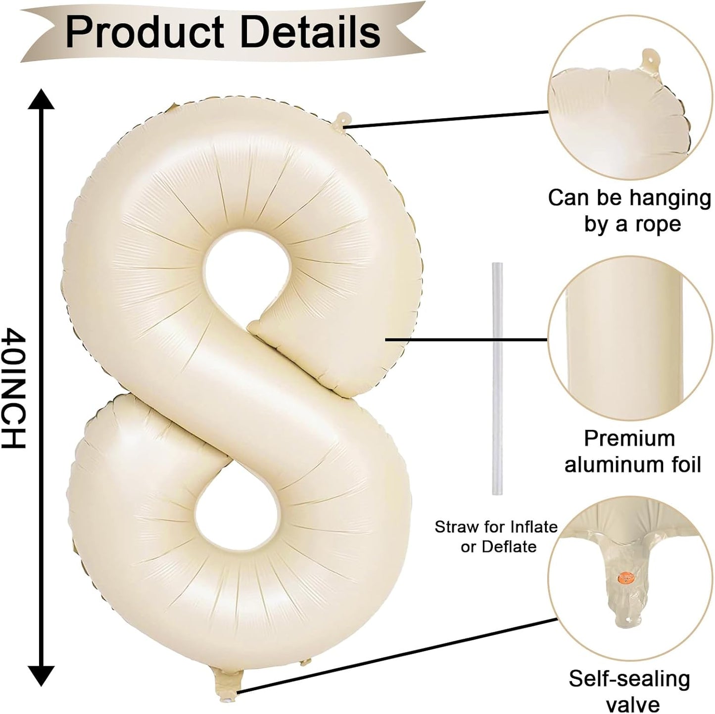 Beige 18th Birthday Balloons Number 18, 40 Inch Large Foil 1 & 8 Numbers Balloons for 18 Year Old Boys Girls, White Cream Helium Balloon for Women Men 18th 81st Birthday Anniversary Party Decorations