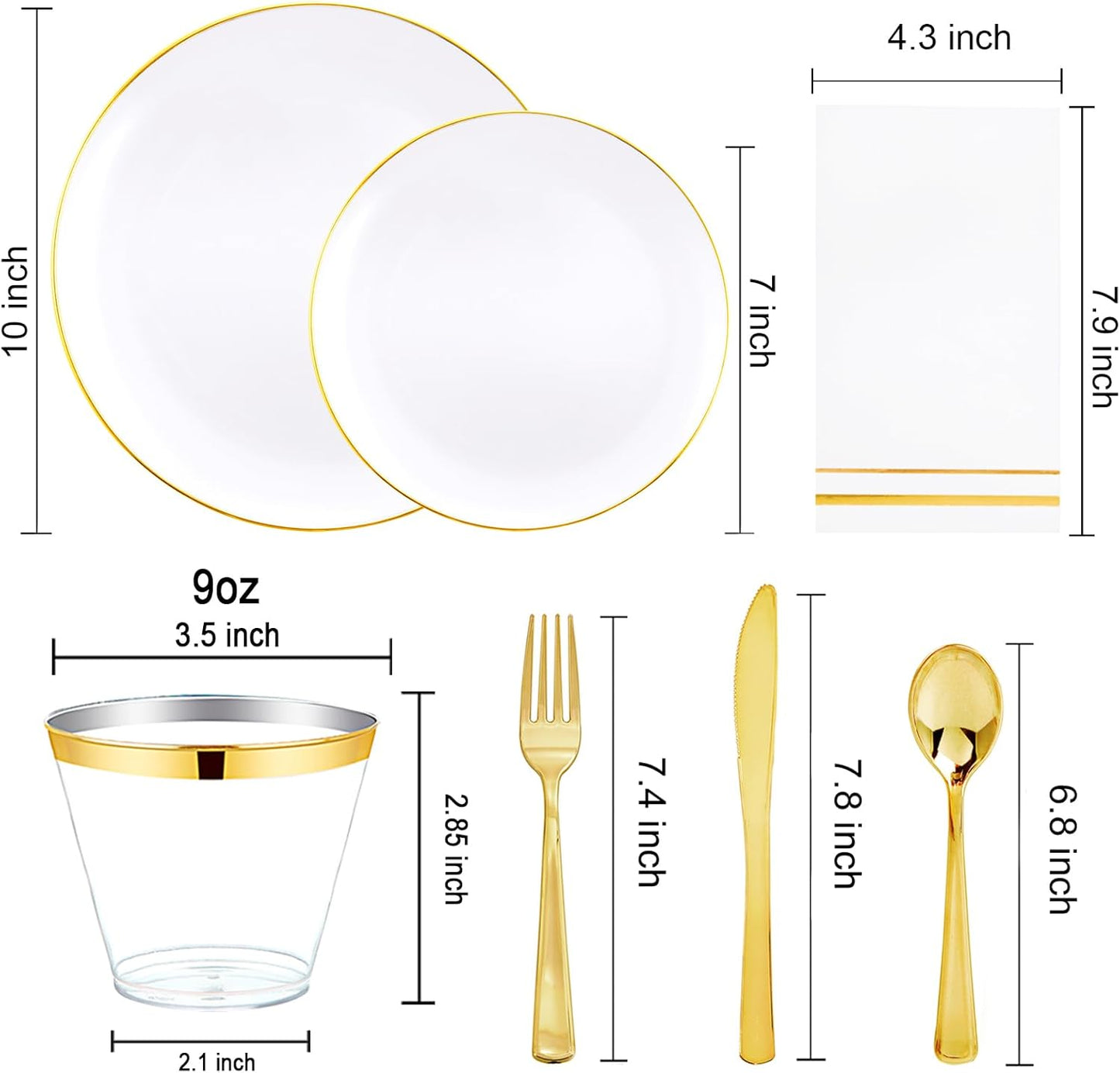 Festiva 350Pcs Gold Plastic Plates - White and Gold Dinnerware Set Disposable include 10" & 7" Plates,Cups,Silverware,Napkins -serve 50 Guests Perfect for Wedding& Birthday &Summer Party