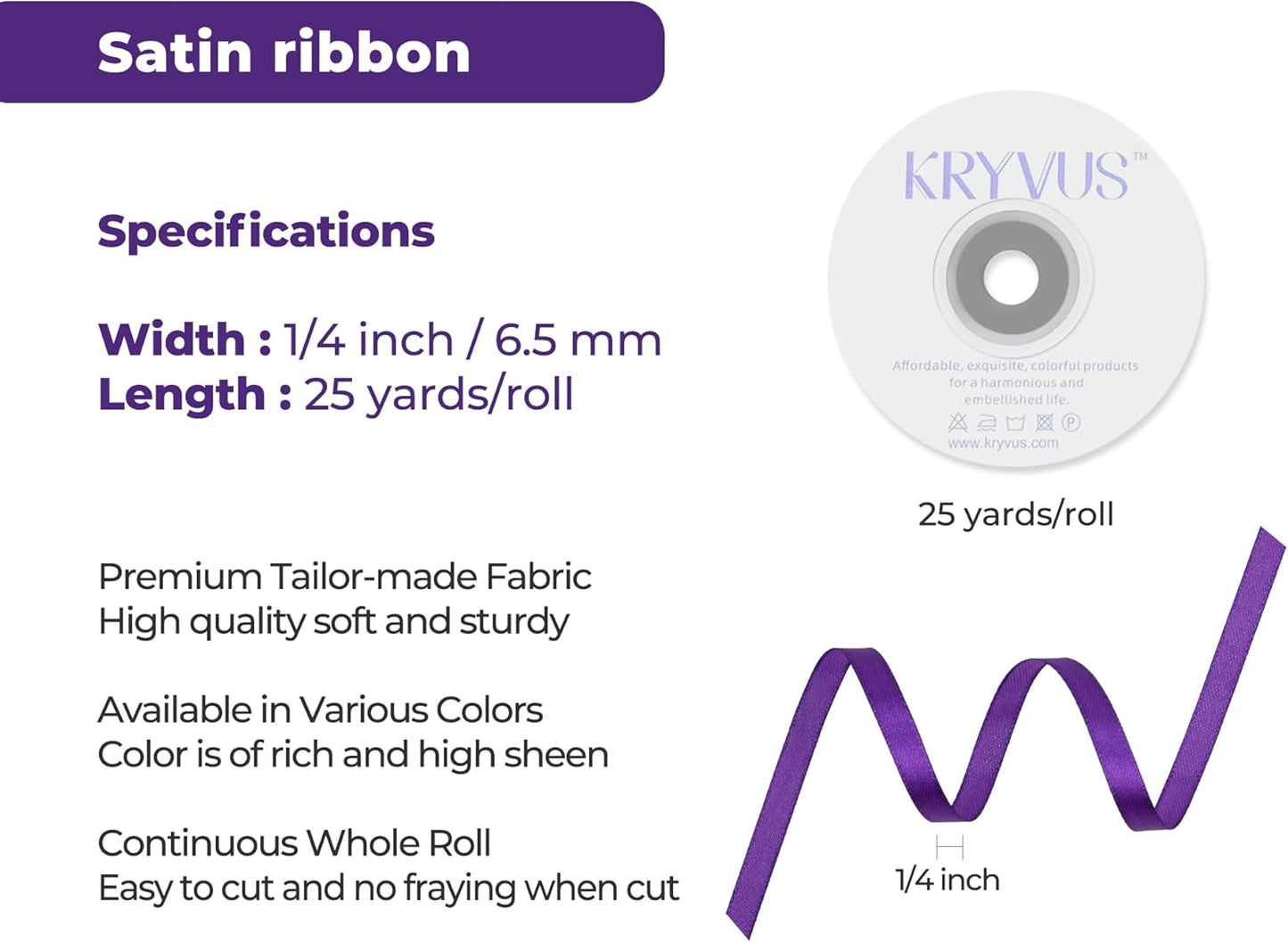 Purple Satin Ribbon 1/4 inch X Continuous 25 Yards, Single Face Polyester Ribbon Perfect for Gift Wrapping, Flower Bouquet, Wedding Decor, Crafts, Bow Making, Sewing and More