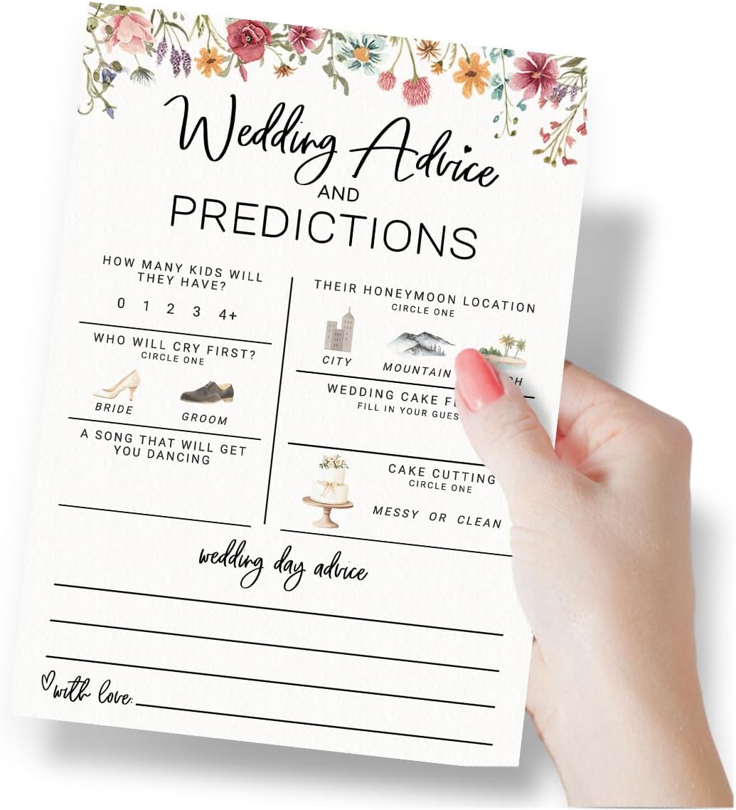 Printed Party Bridal Shower Game – Wedding Prediction Cards for Guests, Fun Advice and Guessing Activity, Wildflower in Bloom Theme, Set of 30