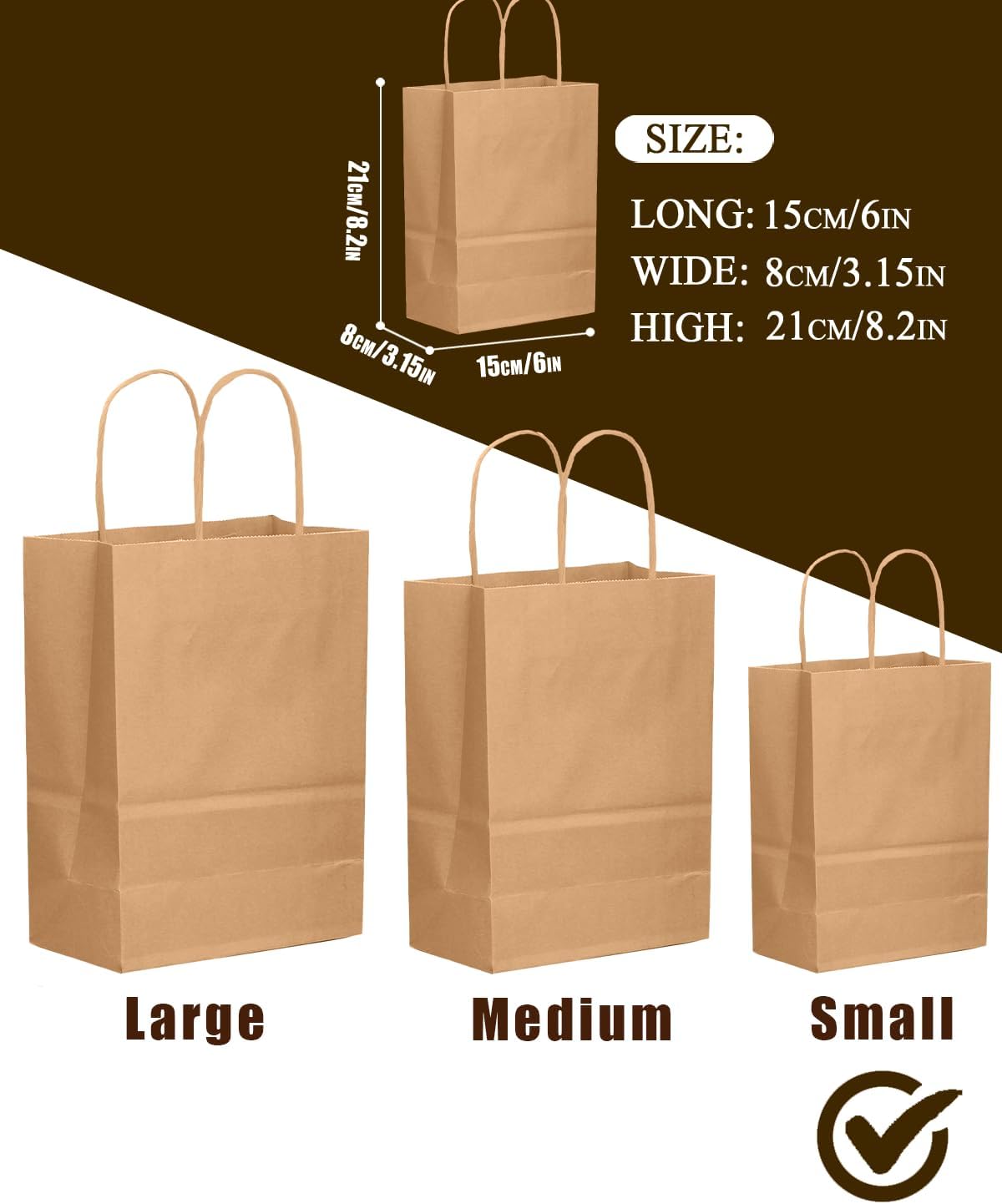 qiqee 50-Packs Brown Paper Gift Bags with Handles Bulk 8.3"x3"x 6" Small Size Paper Bags Multiple Uses(Small Size)