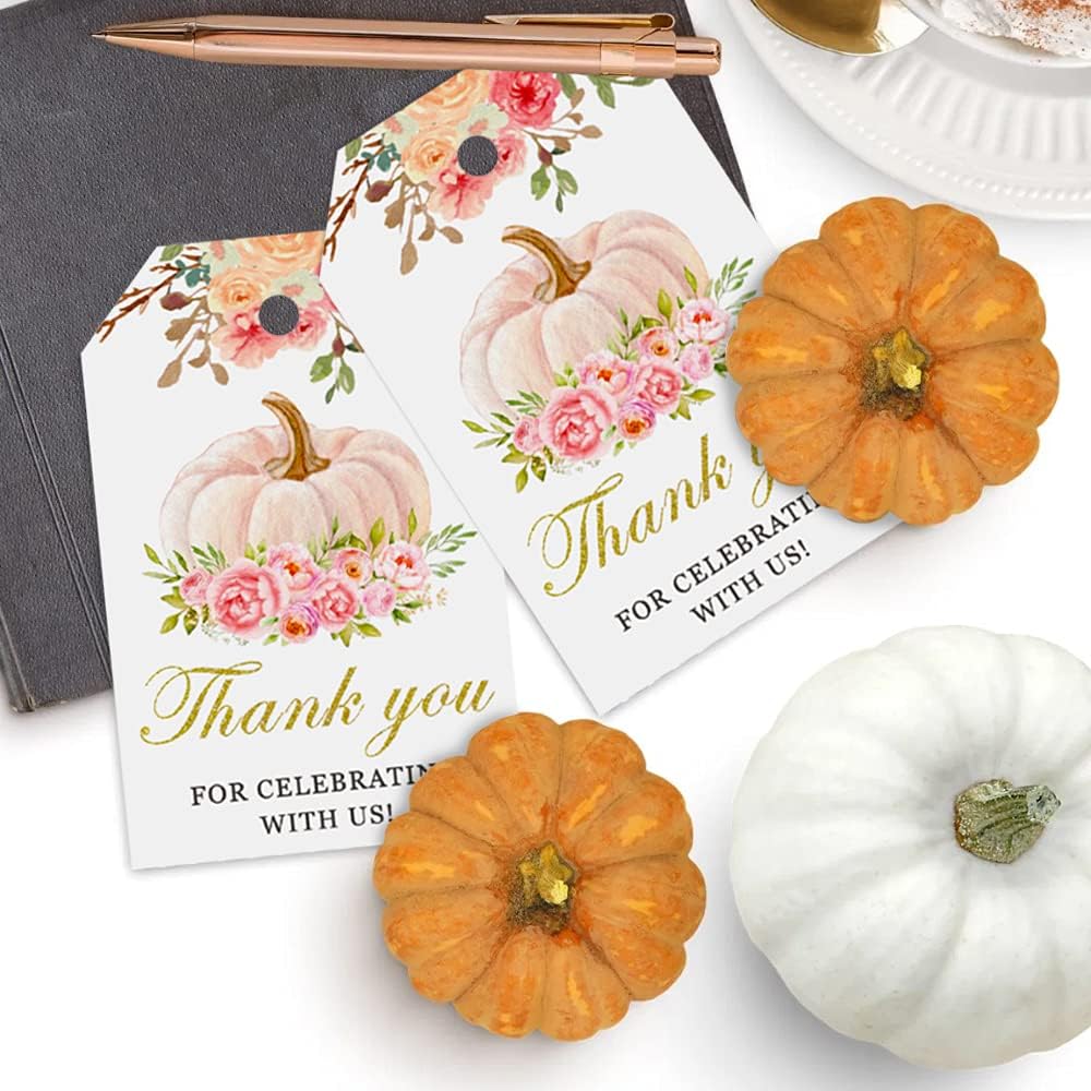 50 Pink Pumpkin Gift Tags - Fall Theme with String, Thank You Tags for Wedding, Birthday, Baby Shower & Party Favors (Two Colors)