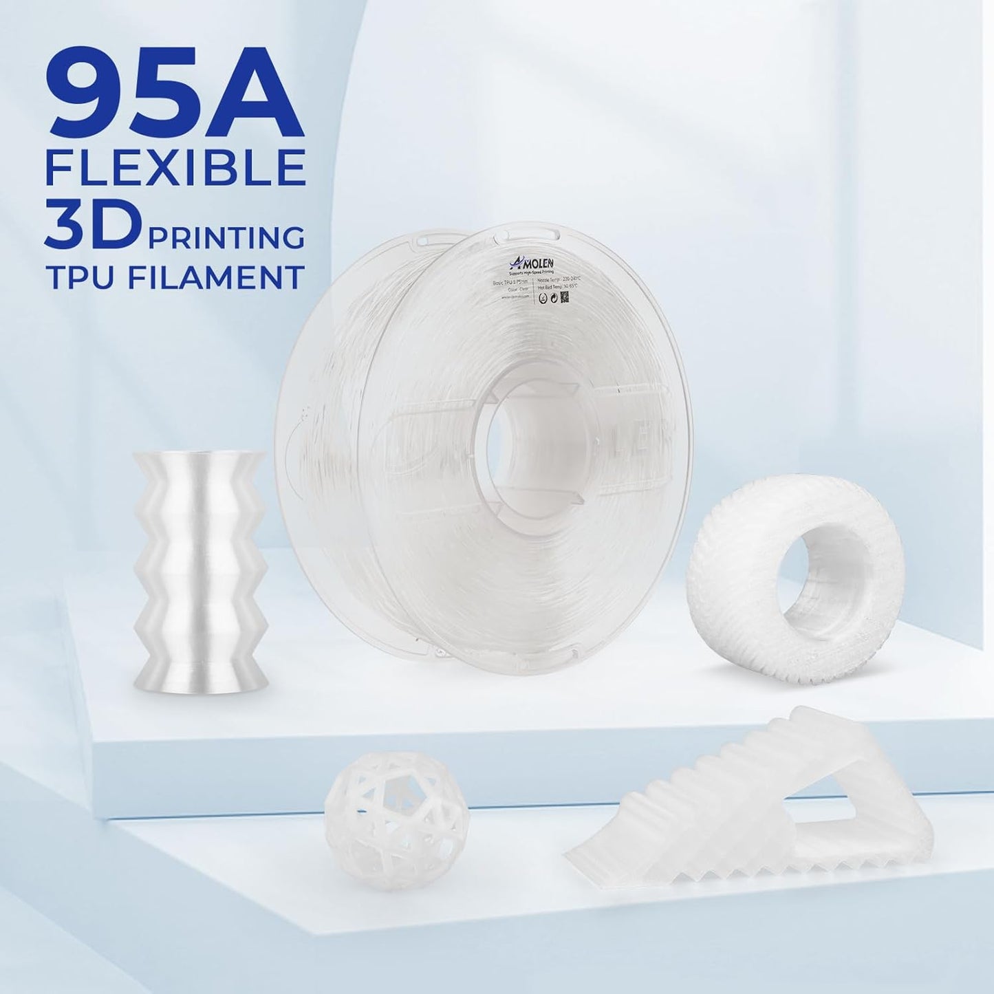 AMOLEN TPU 3D Printer Filament 1.75mm, Transparent Flexible TPU 3D Printing Filament Supports High Speed, 95A Soft TPU Filament 1kg Spool(2.2lbs), Transparent