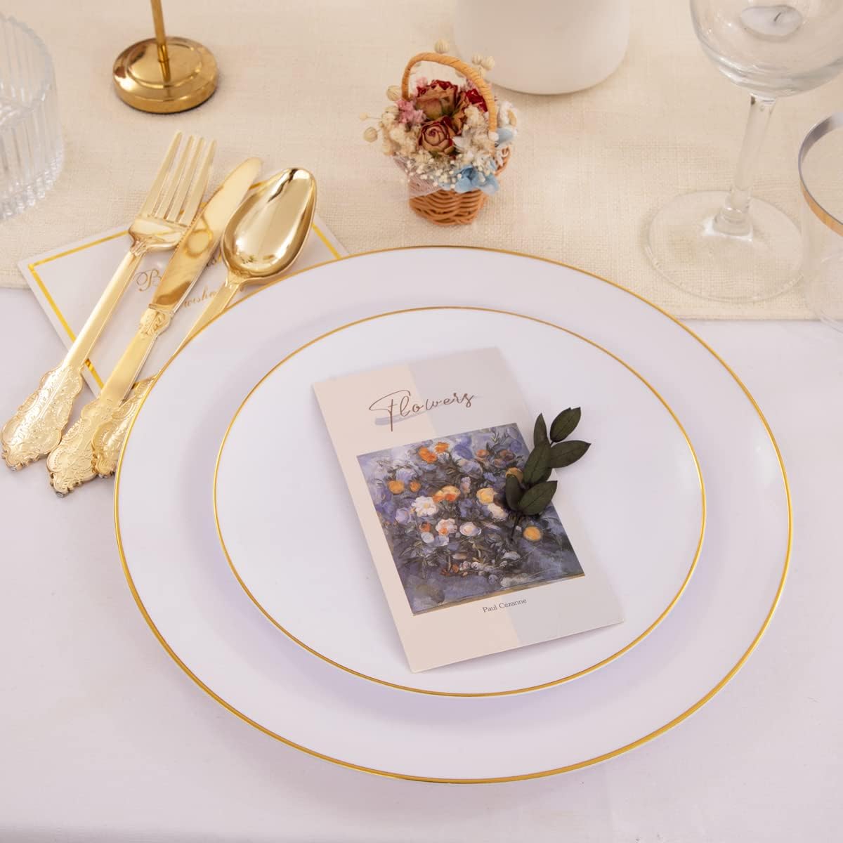 KIRE 100PCS Disposable Plates - White with Gold Rim for Thanksgiving Party/Wedding - Includes 50Pieces 10.25inch Dinner and 50Pieces 7.5inch Dessert/Salad Plates