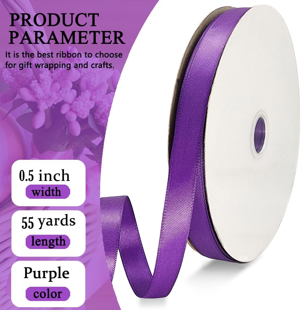 Purple Satin Ribbon Double Faced Satin 1/2 inch x 55 Yards Polyester Ribbon for Gift Wrapping Crafts Wedding Decoration Bows Ornaments Party Bouquet Floral Arrangement