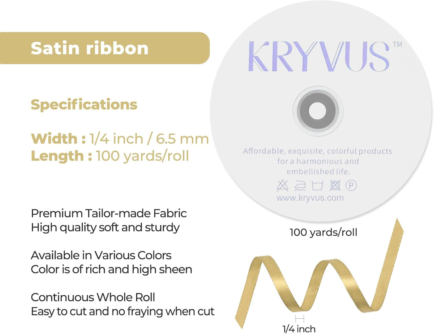 Light Gold Satin Ribbon 1/4 inch X Continuous 100 Yards, Single Face Polyester Ribbon Perfect for Gift Wrapping, Flower Bouquet, Wedding Decor, Crafts, Bow Making, Sewing and More