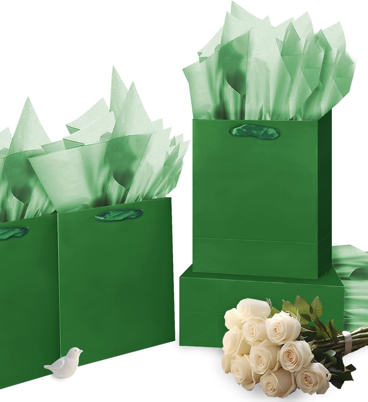 Gcardist Dark Green Gift Bags with Tissue Paper for Wedding, Birthday, Party Supplies-7.9"x4.3"x9.6" Medium Size Cardboard Gift Bags（16pcs Bags +32pcs Tissue Paper ）