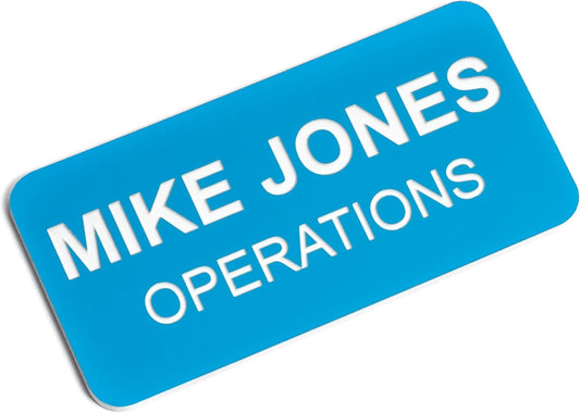Custom Engraved Name Tag Badges – Personalized Identification with Pin or Magnetic Backing, 1.5 Inch x 3 Inches, Sky Blue/White
