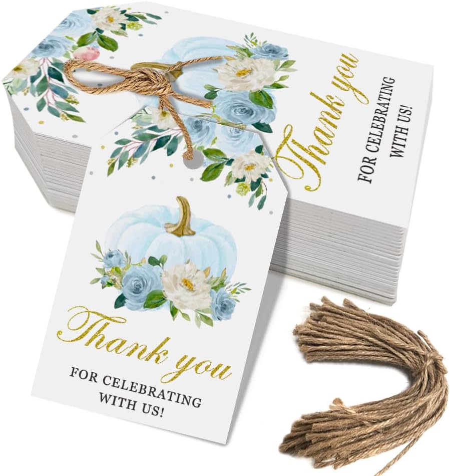 50 Pcs Pumpkin Gift Tags, Fall Theme Gift Tags with String, Thank You for Celebrating with Us Tags for Wedding Thanksgiving Birthday Baby Shower Party Favors (Color Blue)