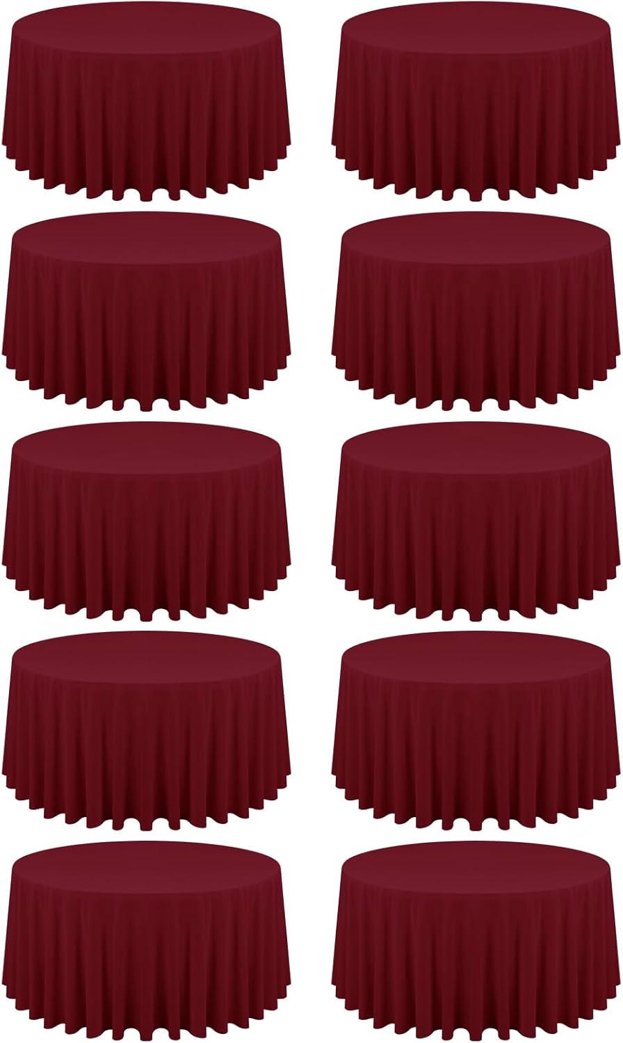 10 Pack Burgundy Round Tablecloths - 120 Inch, Polyester Table Cover for Round Table, Stain and Wrinkle Resistant Washable Fabric Tablecloth, Polyester Tablecloth for Wedding Banquet Parties