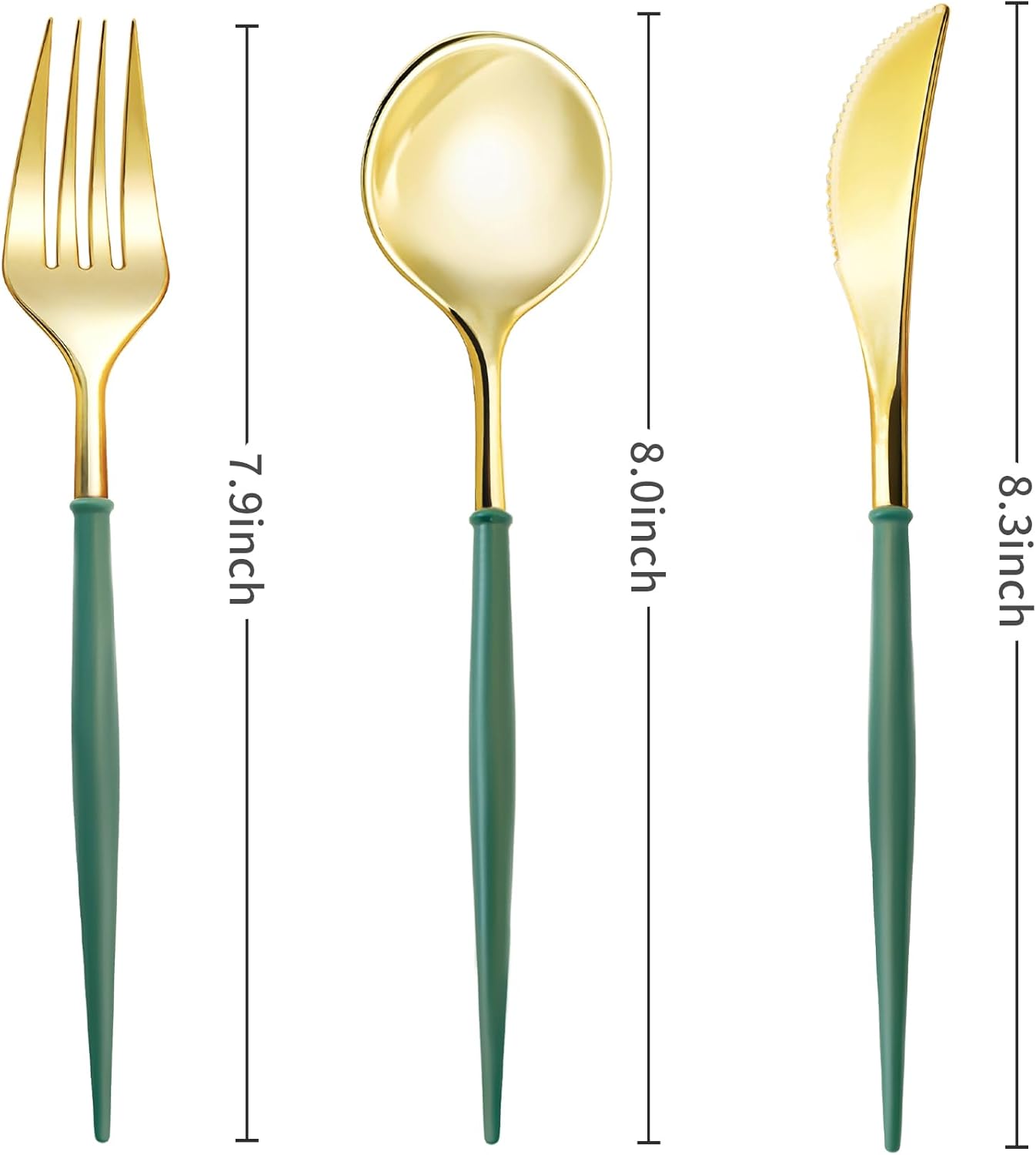 Lullaby 150PCS Gold Plastic Silverware - Disposable Flatware with Green Handles, Includes 50 Knives, 50 Forks, 50 Spoons, Perfect for Birthdays, Weddings, Picnics