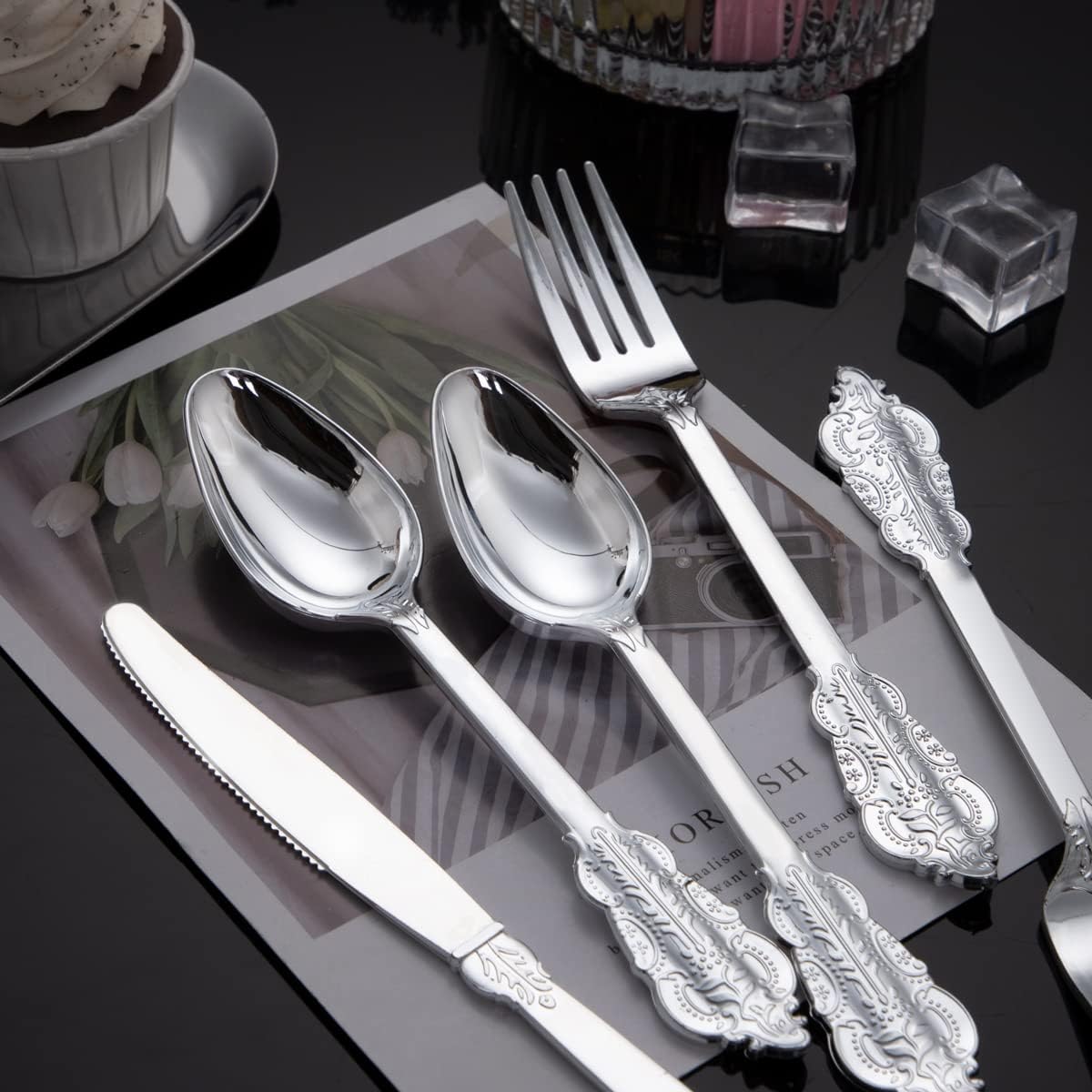 WDF 200 Pieces Silver Plastic Silverware Disposable - 50Guests Silverware Plastic Cutlery - Disposable Utensils Includes 100 Forks, 50 Spoons, 50 Knives Perfect for Christmas Wedding or Party
